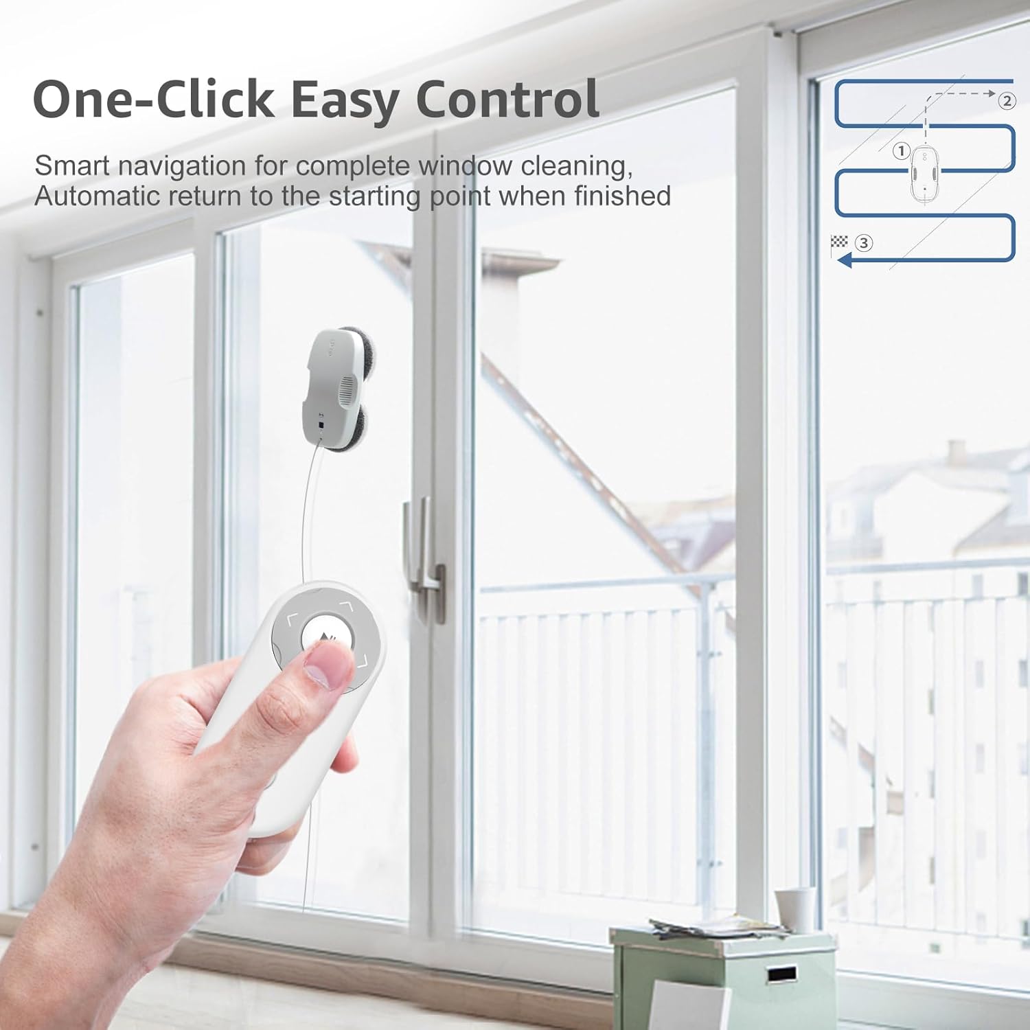 HUTT DDC55 robot cleaning a window with remote control in hand