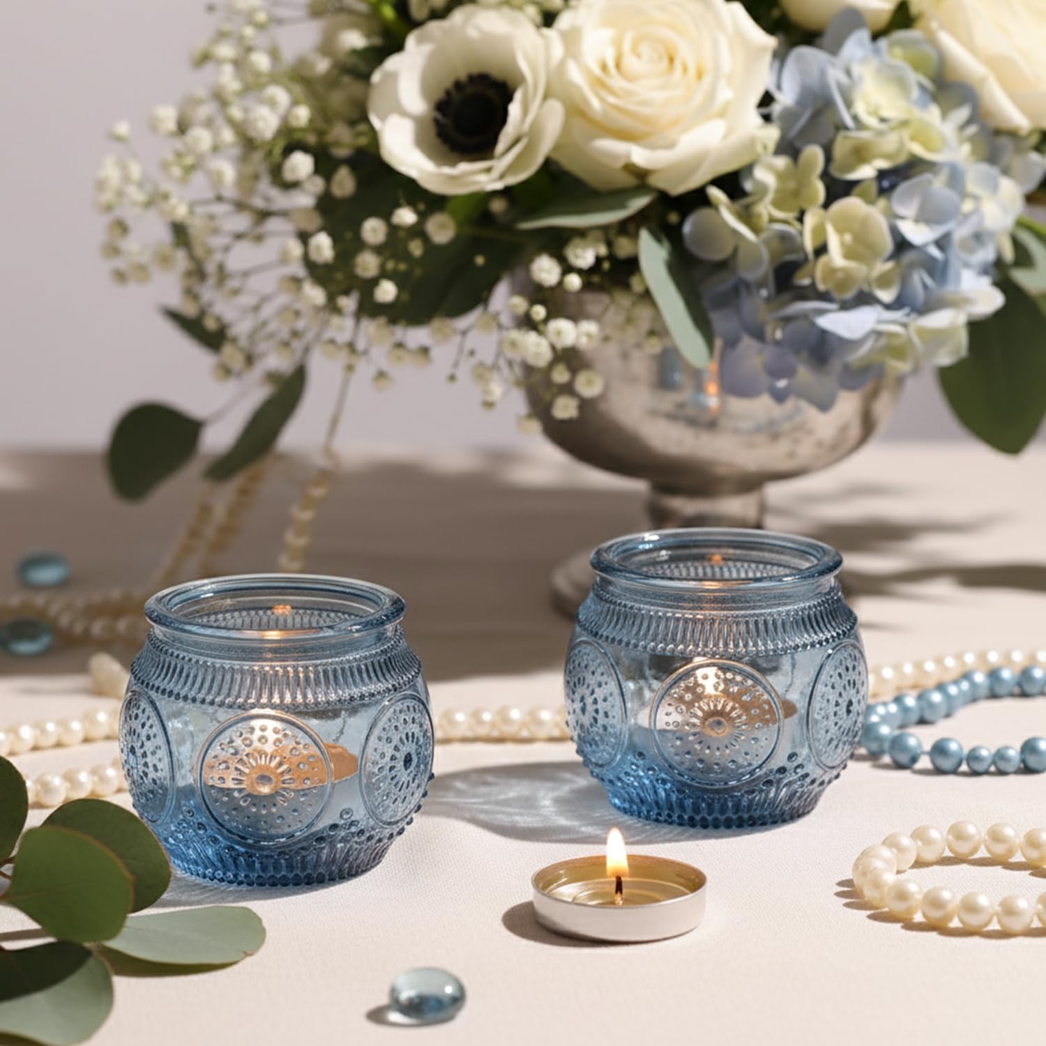 LAMORGIFT 12 Pcs Blue Votive Candle Holders for Bridal Shower Decorations- Floral Style Dusty Blue Candle Holder for Wedding Table Centerpieces, Baby Shower Decor