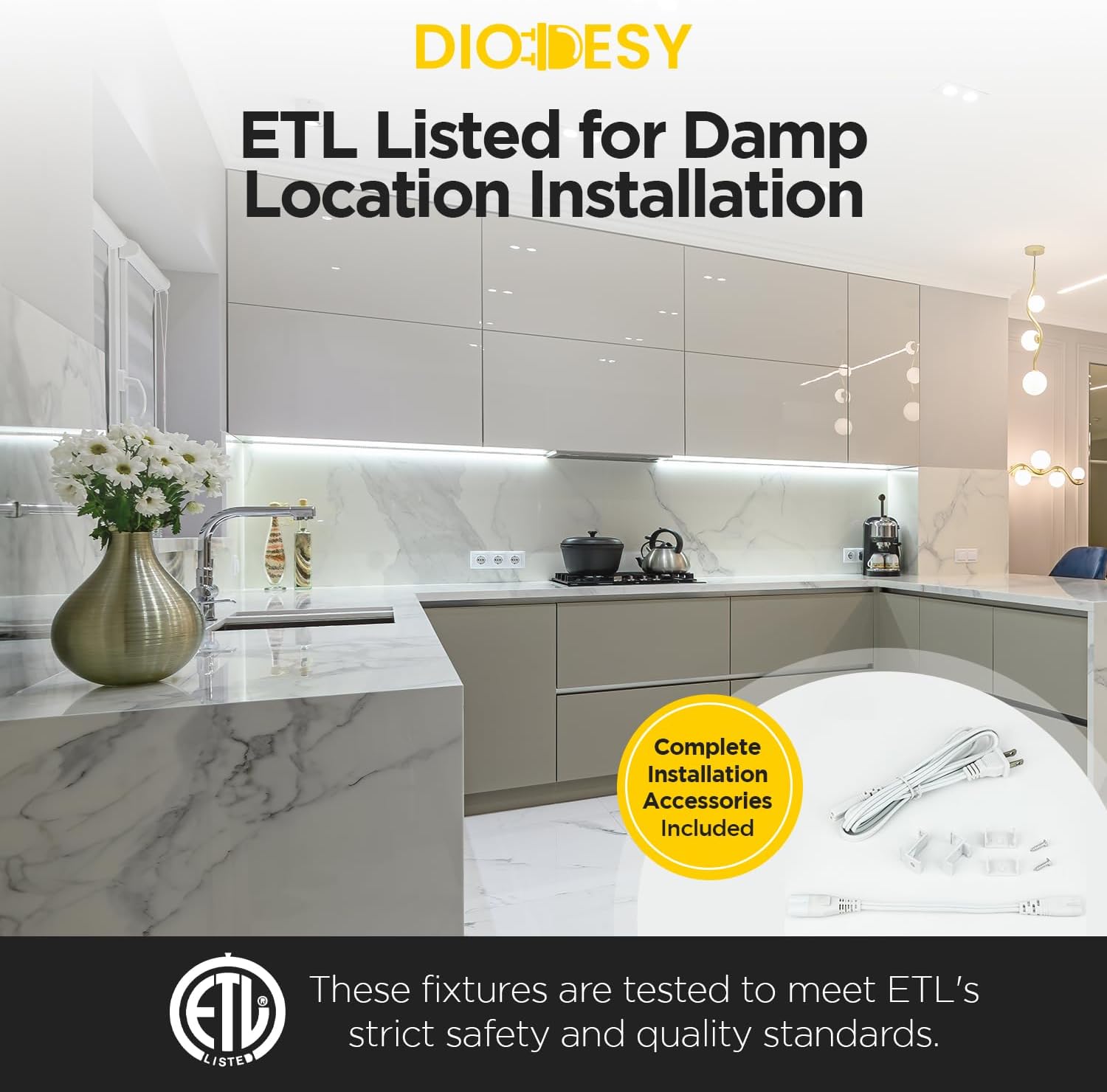 Diodesy- 46-Inch Linkable Under Cabinet LED Lighting 16W 1600 Lumens 3000K/4000K/5000K Color Selectable Non-Dimmable ETL Listed- Plug-in Shop Lights for Kitchen Closet Undercounter Shelf Sink Desk