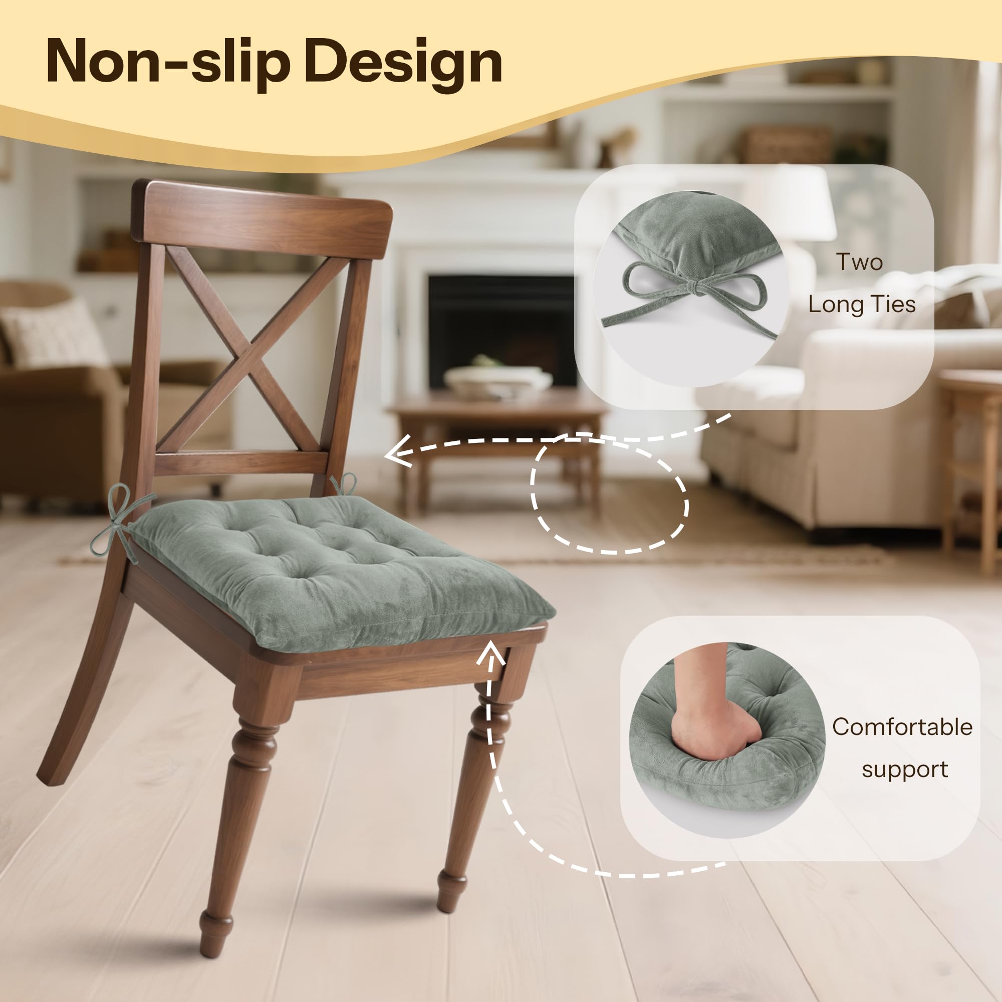 FlyGulls Kitchen Chair Cushions Set of 2 Tufted Square Seat Cushions with Ties Plush Chair Pad for Kitchen Dining Room Office(39x39cm Light Grey) - Image 4