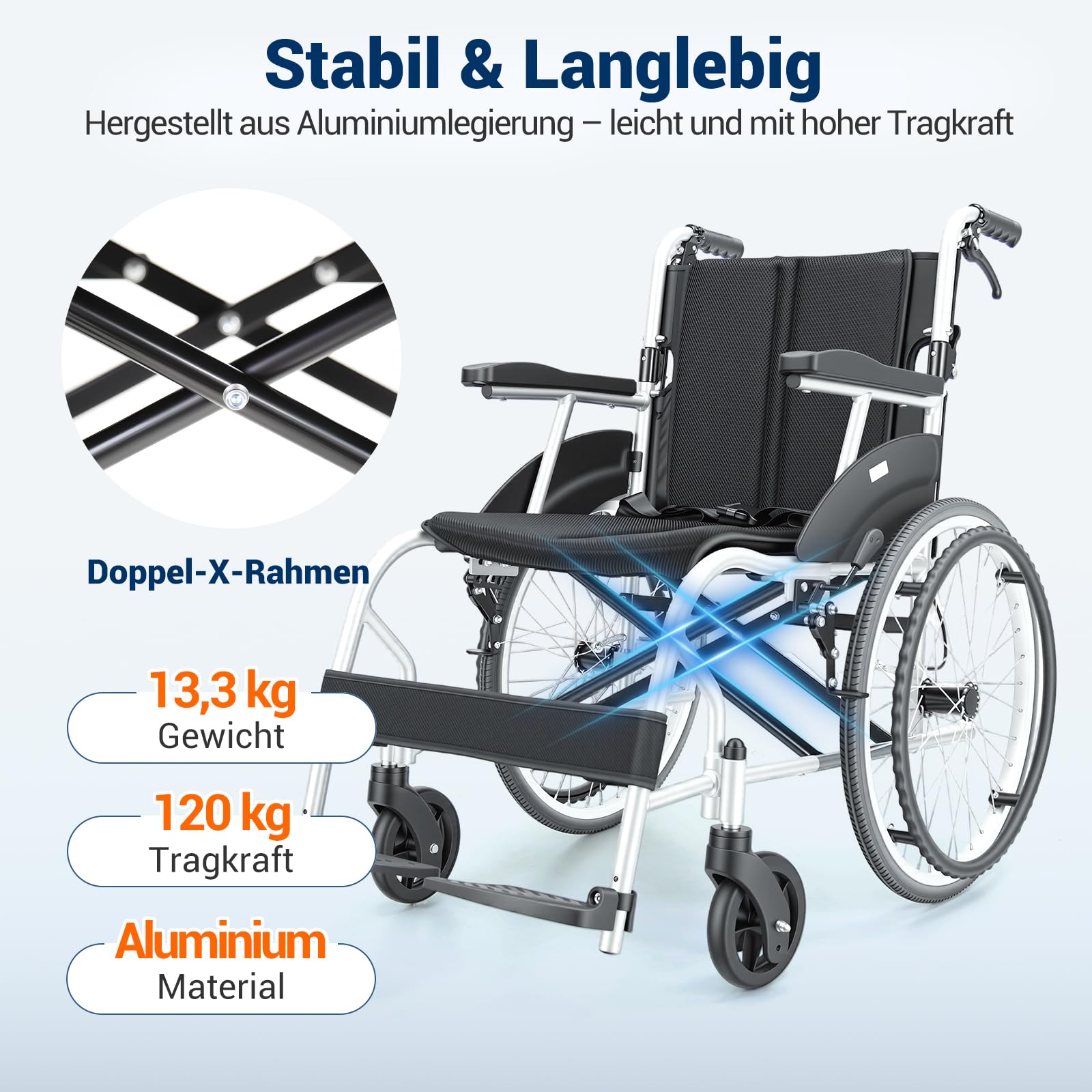 Care-parents Sedia a rotelle pieghevole leggera, 13,3 kg, in alluminio, larghezza della seduta 43 cm, doppio freno, sedia a rotelle pieghevole con autopropulsione, braccioli fissi e poggiapiedi, per