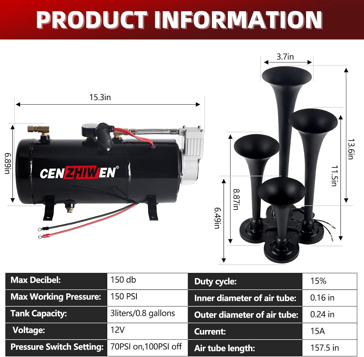 180dB Train Horn Kit for Trucks, 12V 4 Trumpet Air Horn with 150 PSI Compressor 0.8 Gal & 3L Tank with Gauge, Universal Zinc Alloy Horn for Pickup, SUV, Jeep, Car, Motorcycle, Van, Boat