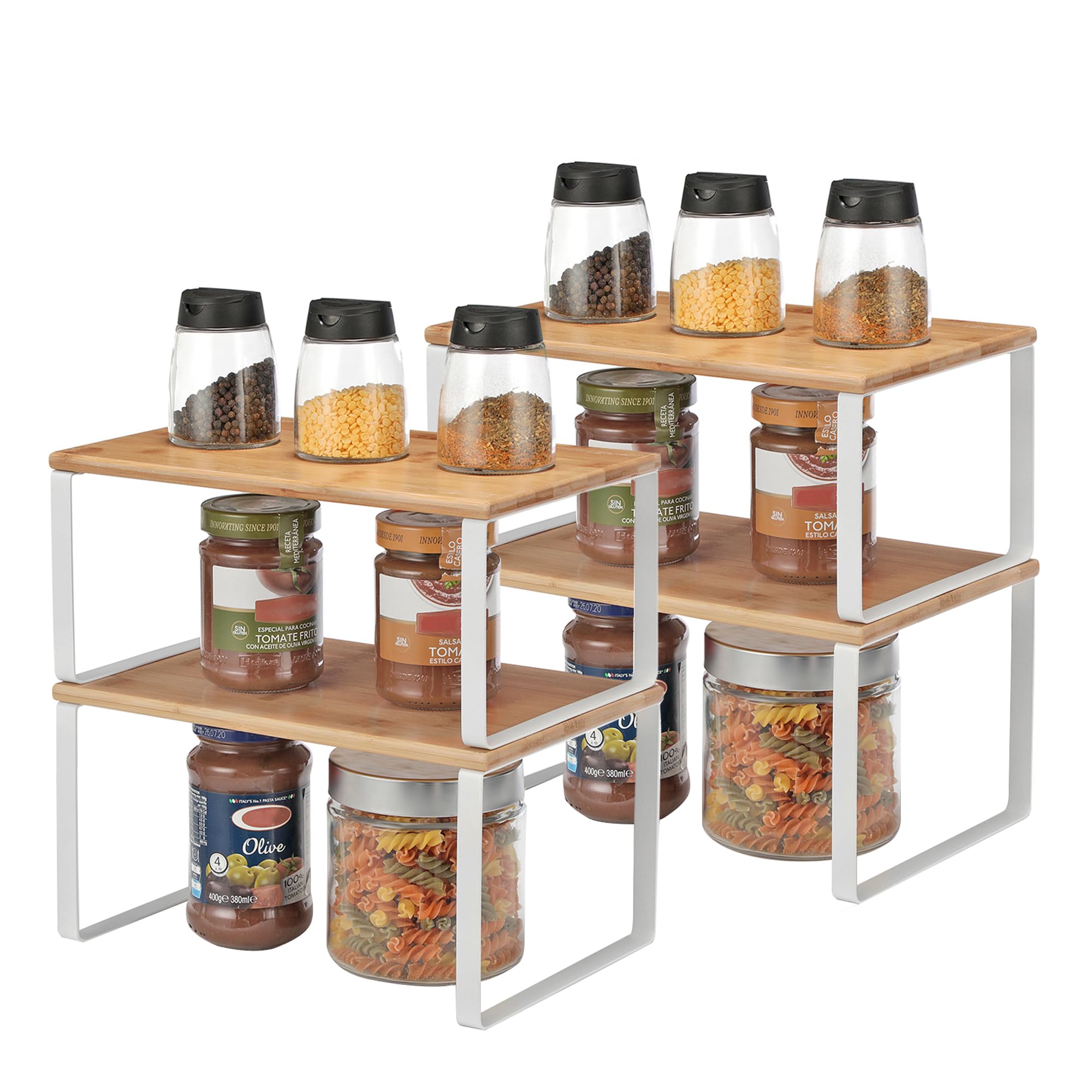SONGMICS Organizadores de Cocina, Juego de 4 Estantes de Cocina, para Almacenamiento de Gabinete, Apilables, Expandibles, Metal y Madera de Ingeniería, Blanco y Natural KCS010N01