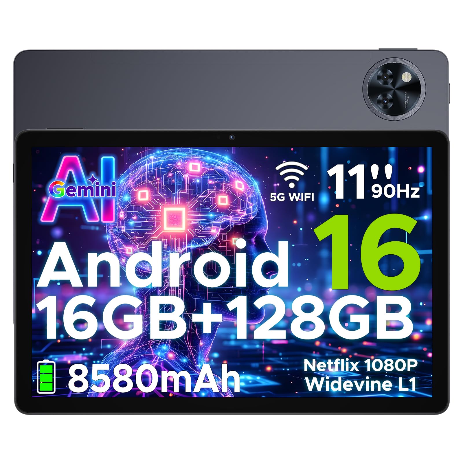U11 Android 16 Tablet 11 Pollici Gemini AI 16GB RAM +128GB ROM (2TB TF) 8580mAh Gaming Tablet Unisoc T7200 Octa-Core 13MP+5MP Tablets PC WIFI 5/ GMS/ WidevineL1/ 3.5mm Audio/GPS/Face ID/OTG,Grigio