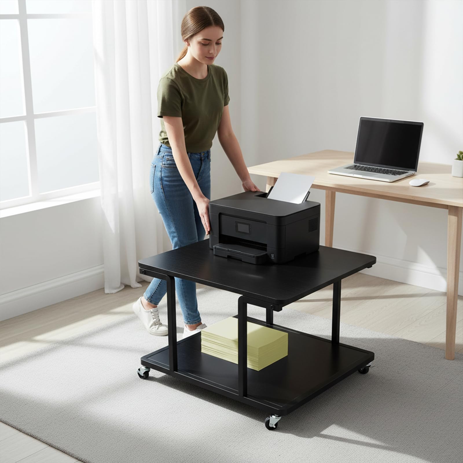 Druckertisch mit Rollen, 61 × 51 × 38 cm Druckerständer 2 Ebenen Büroregal Druckerwagen Scanner Tisch Stabil Metall für Homeoffice Küche Schwarz