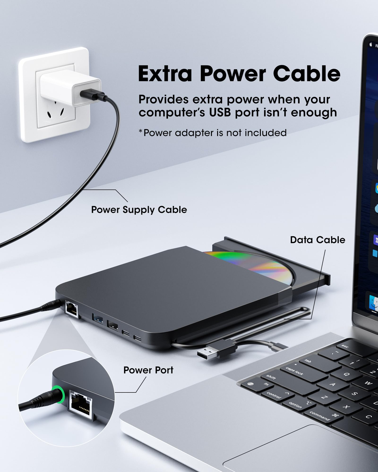 ROOFULL Lecteur CD DVD externe USB 3.0 avec adaptateur Ethernet, ports USB-A/C, fente pour carte SD/TF, étui de transport, lecteur CD DVD USB-C, graveur lecteur de disque optique pour Windows et Mac