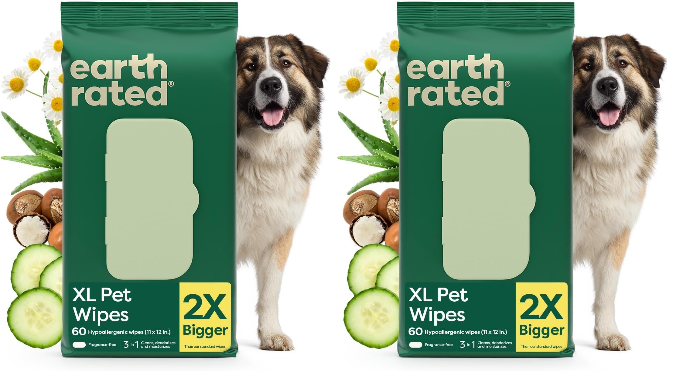 Earth Rated XL Pet Wipes for Dogs &amp; Cats, 3-in-1 Unscented Hypoallergenic Cleaning, Deodorizing and Hydrating Extra Large Grooming for Body, Paws and Butt, Unscented, 60 Count (Pack of 2)