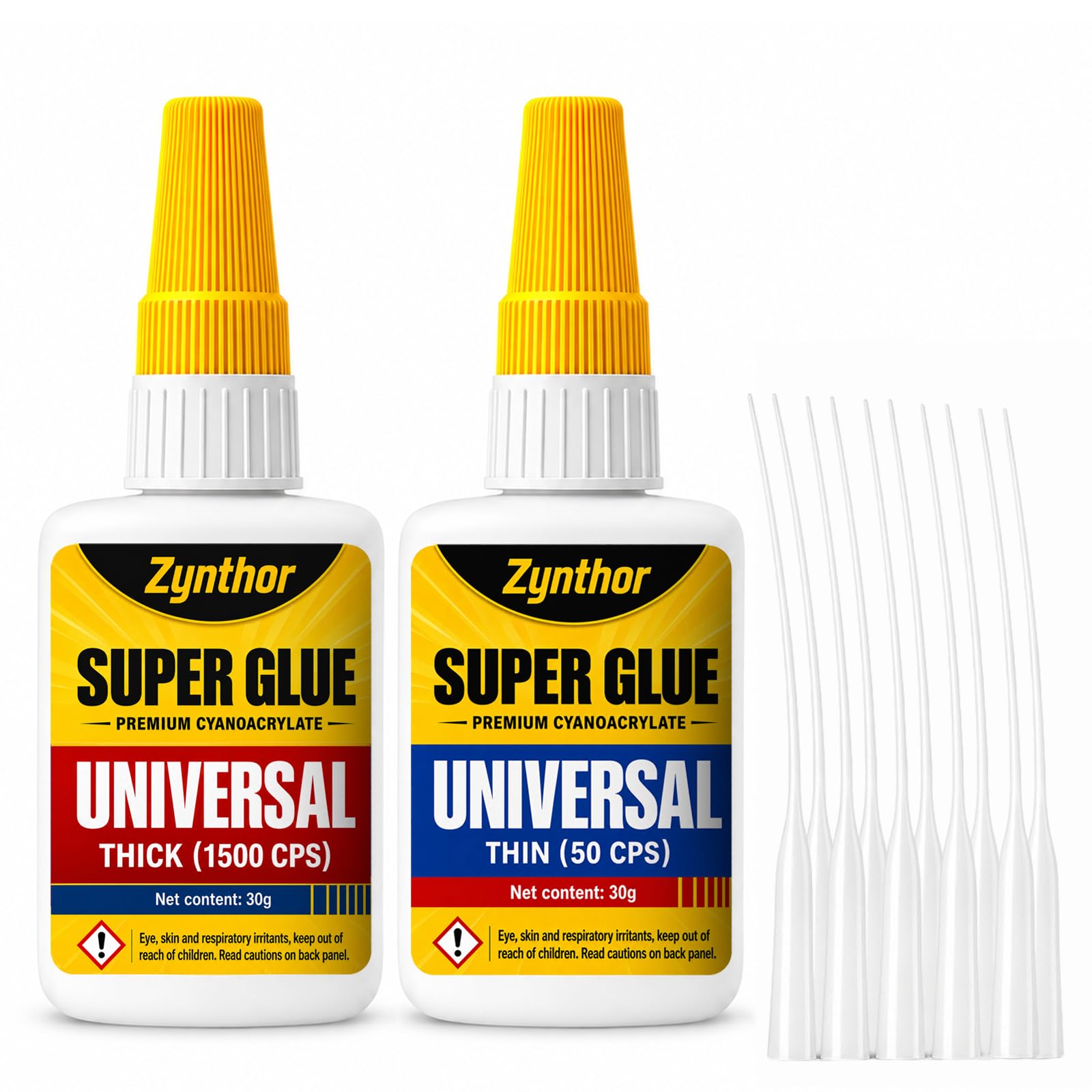 Zynthor Super Glue 60g (2 x 30g), Thin and Thick CA Glue Clear with 10 Precision Tips, Extra Strong Instant Cyanoacrylate Adhesive for Shoe Repair, Ceramic, Plastic, Leather, Glass, Metal and Wood