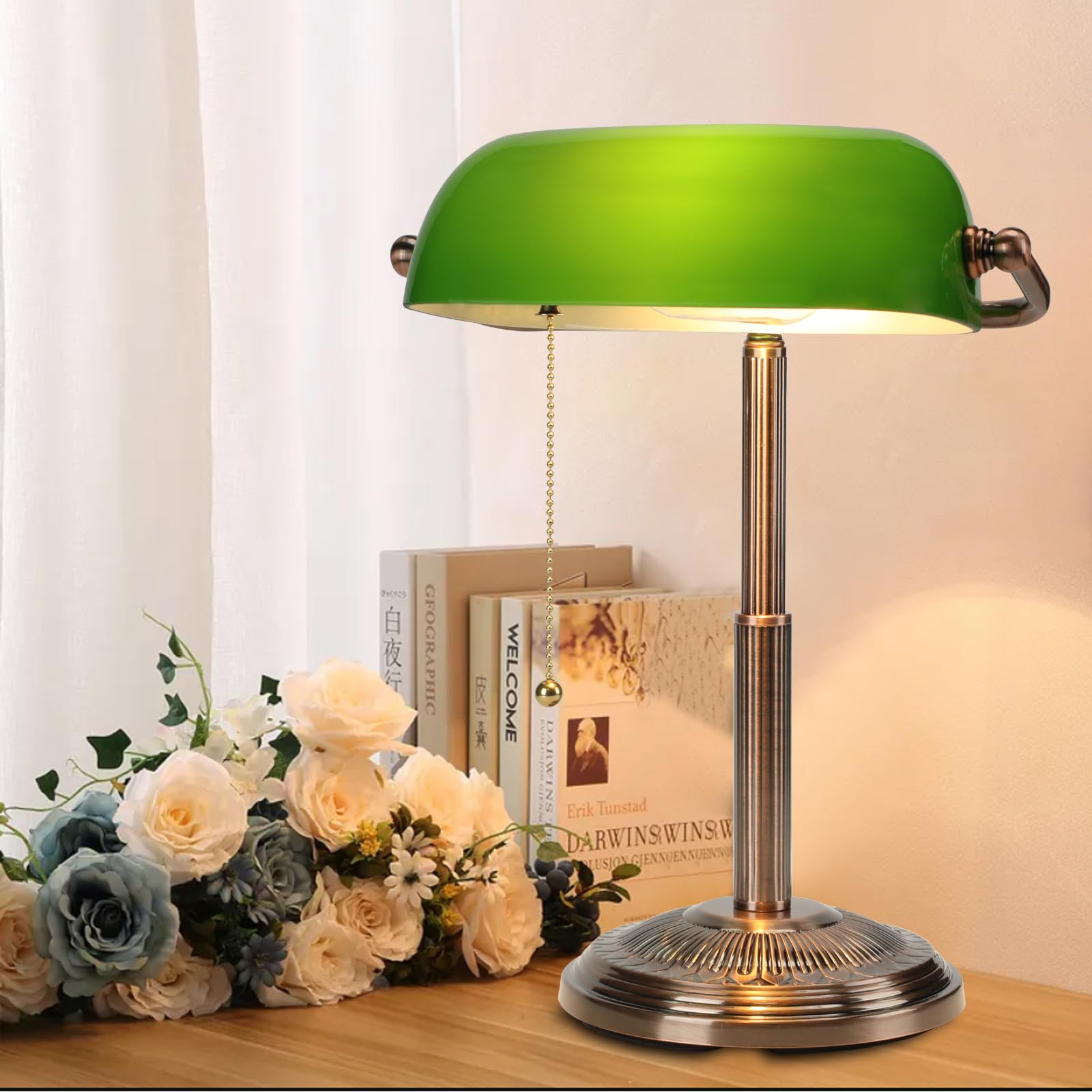 LINNMON Lampada da scrivania stile banchieri, stile retrò, con interruttore a catena per casa e ufficio (rame + verde)