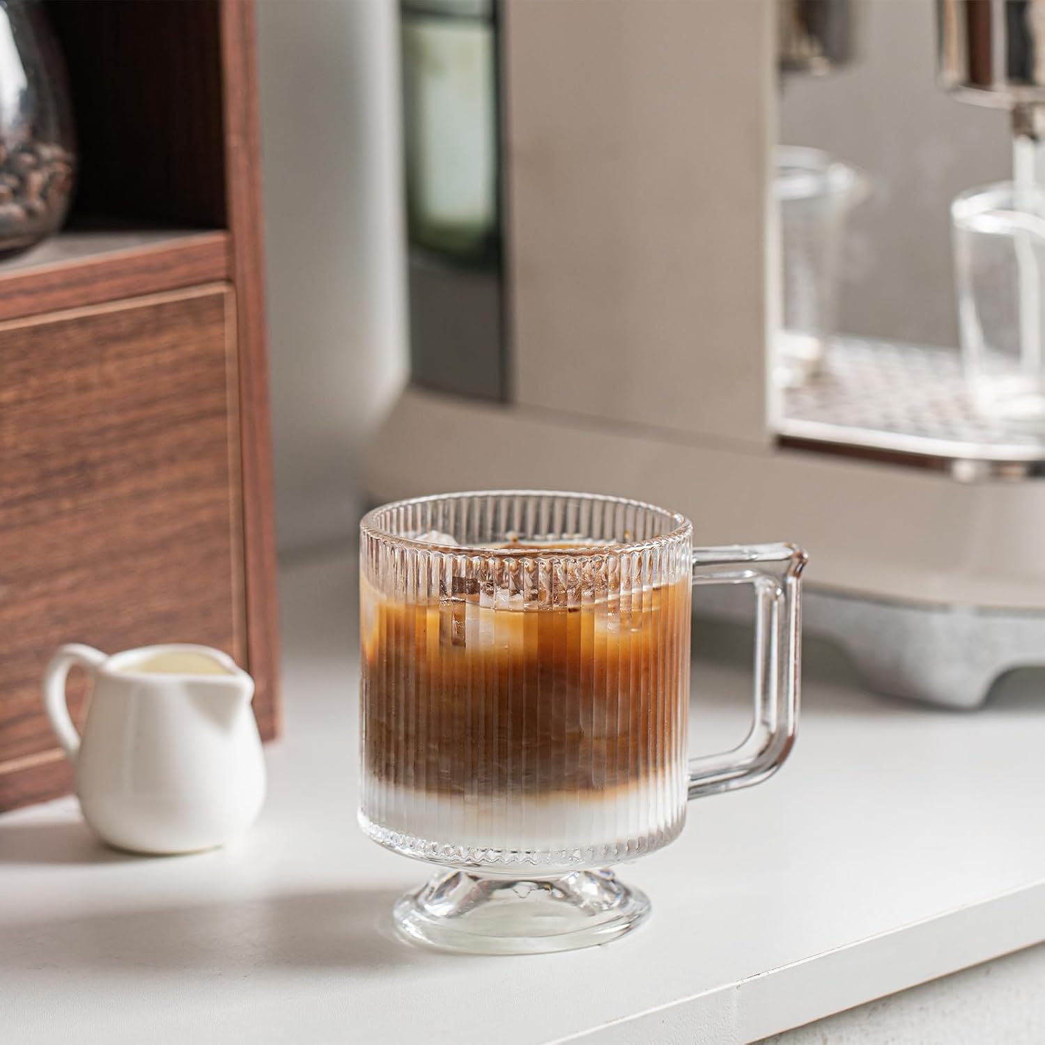 INSETLAN 6-Piece Ribbed Glass Coffee Mug Set, 10 oz Clear Glass Tea Cups with Handle, Modern Vertical Stripe Design for Everyday Drinks – Perfect for Coffee, Tea, Latte, Cappuccino, and More - Image 4