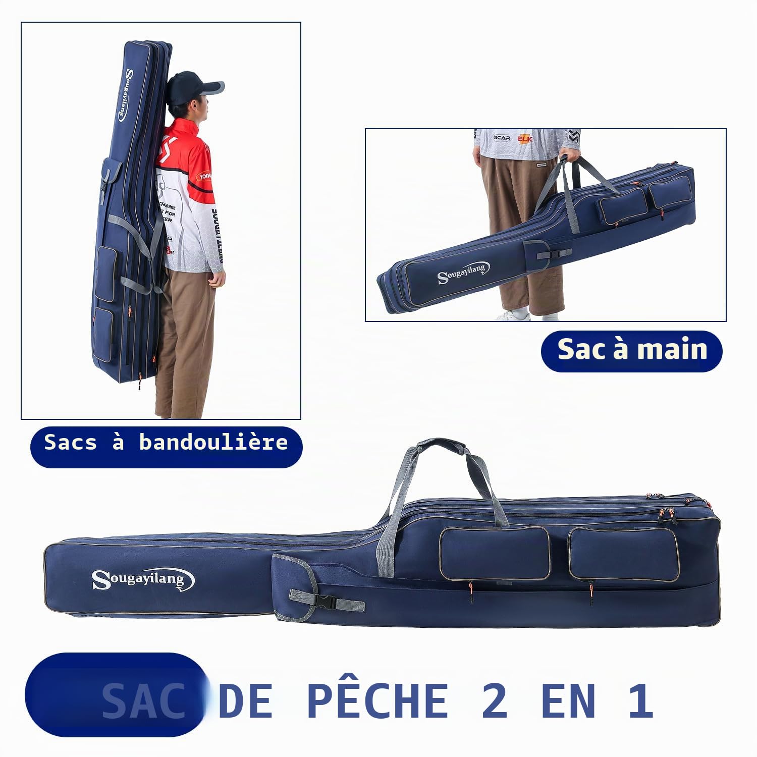 Sougayilang Sac de transport pliable pour canne à pêche - 3 couches - Grande capacité de rangement - 165 cm - Noir