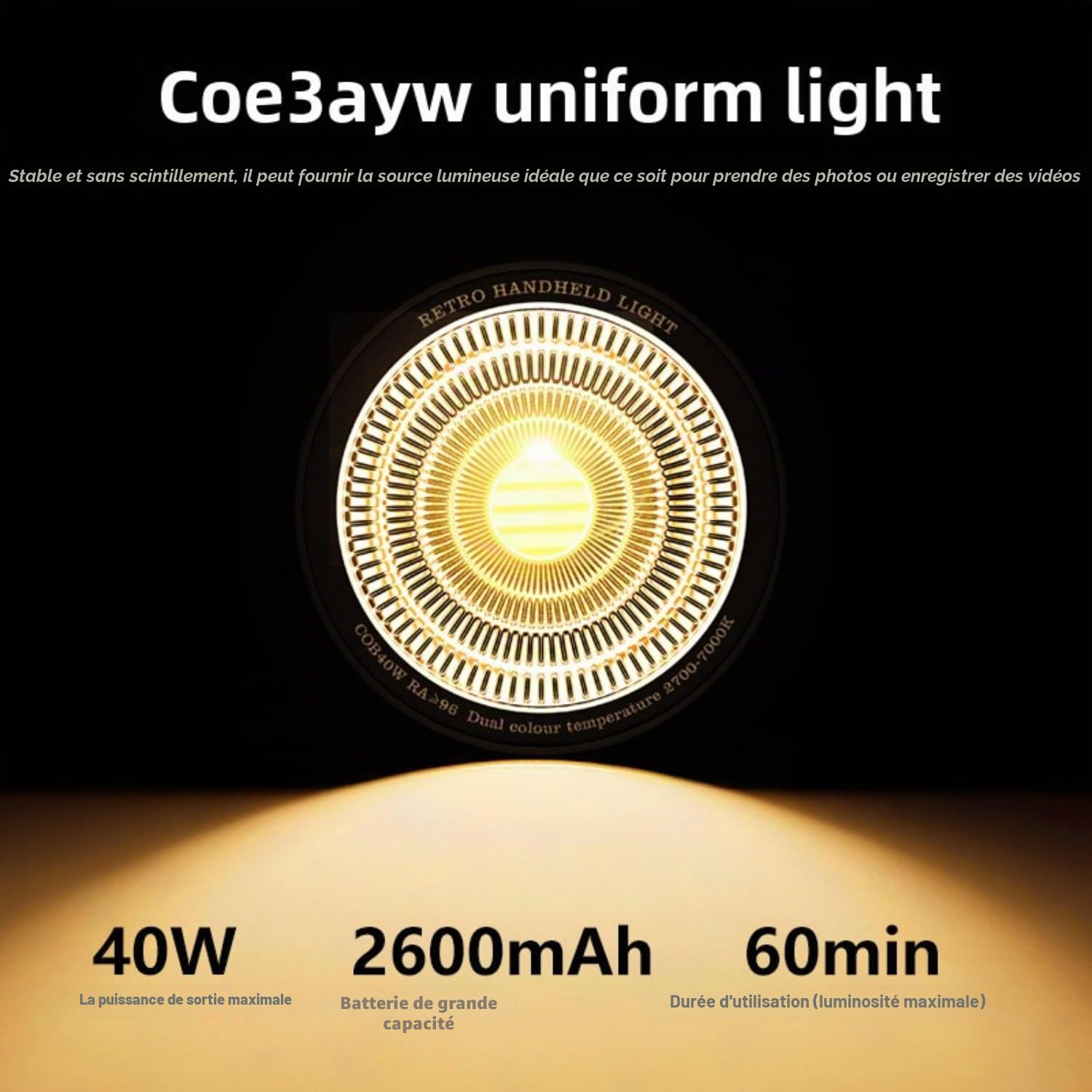 LENSGO 40SHB 40W Lampe d'appoint rétro, Double température de Couleur 2700K–7000K, LED Portable pour Appareil Photo Smartphone, IRC élevé ≥96, luminosité réglable de 0 à 100%.