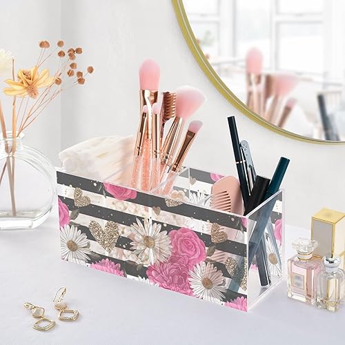 Miniatura 5 de CHIFIGNO Cute Pencil Cups for Desk, Black and White Striped Rose Daisy Pen Holders Marker Organizer, Acrylic Hair Brush Holder 4 Compartments for