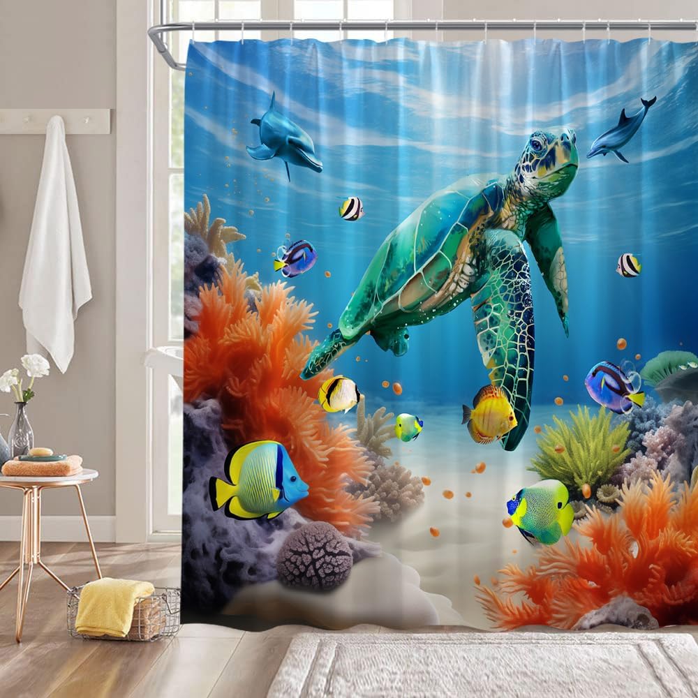 Sea Turtle Shower Curtain Tropical Ocean Animal Underwater World Wildlife Turtle Fish Coral Marine Life Nautical Fabric Decor Bathroom Curtain with Hooks