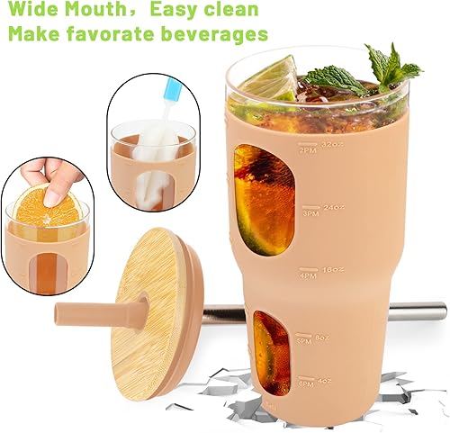 Miniatura 2 de Tronco Vaso de 32 onzas con popote y tapa, vaso de vidrio reutilizable con marcador de tiempo, funda de silicona, se adapta a portavasos y sin BPA