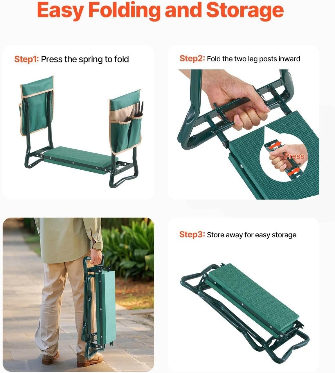 Garden Kneeler and Seat with 6" Thick EVA Pad,Folding Stool Bench,330 lbs Capacity,Dual Tool Bags,Ergonomic Handles for Seniors,Lightweight & Portable for Gardening,Weeding,Planting