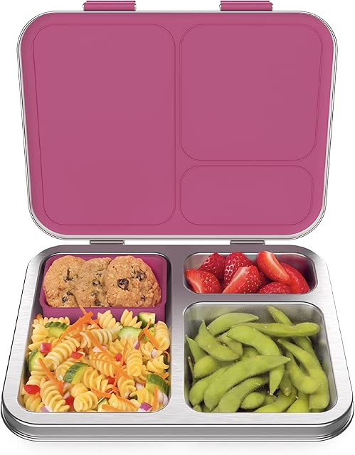 Bentgo Kids Stainless Steel Leak-Resistant Lunch Box - Bento-Style Redesigned in 2022 w/Upgraded Latches, 3 Compartments & Extra Container - Eco-Friendly, Dishwasher Safe, Patented Design (Fuchsia)