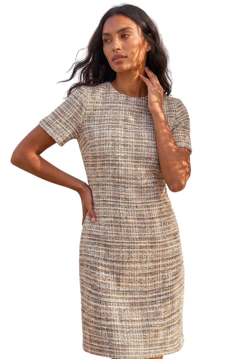 Roman Women's Textured Pocket Stretch Shift Dress in Tan | Size: 14
