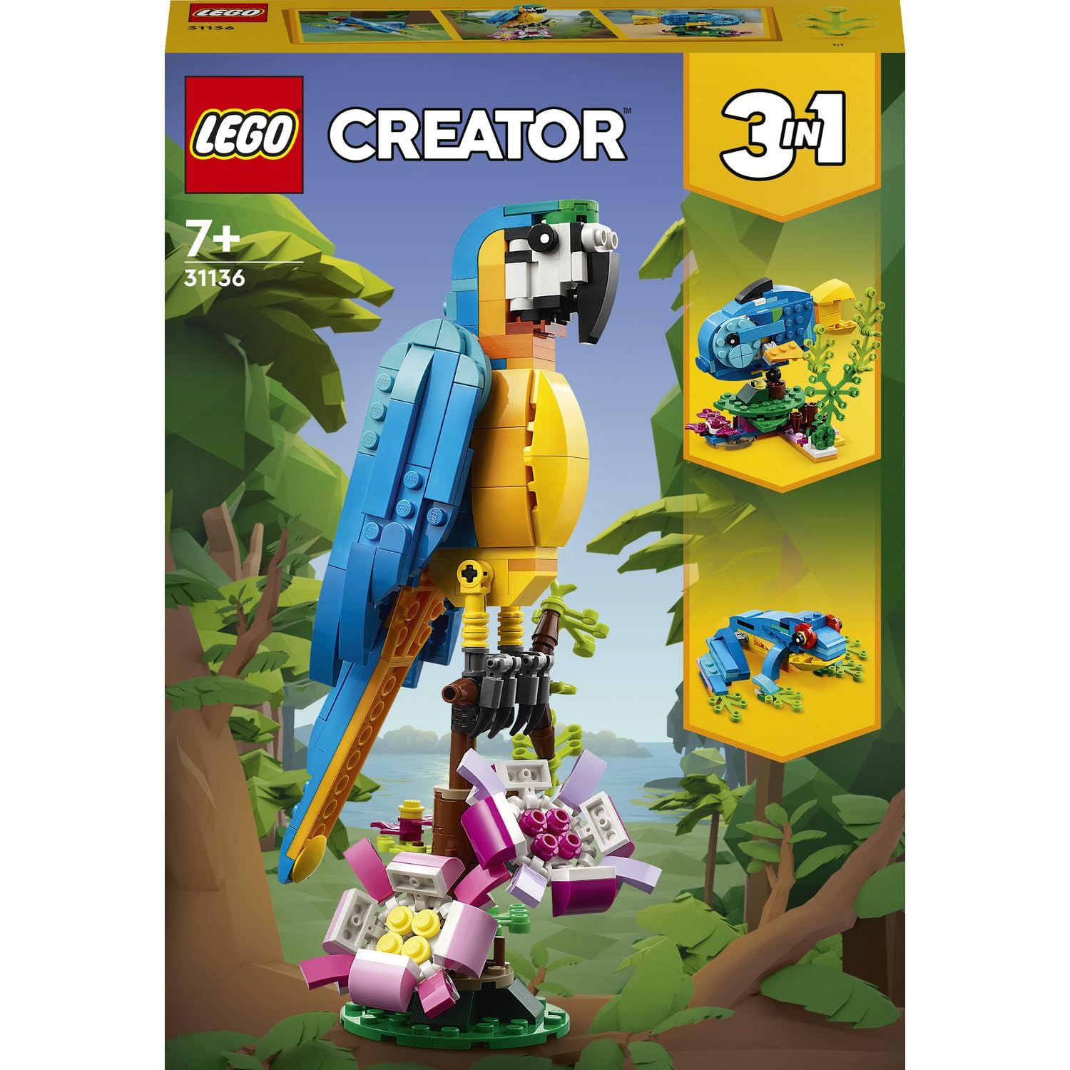 LEGO Creator 3in1 Exotischer Papagei 31136 | Spielzeug ab 7 Jahren für Jungen, Modellbausatz mit 3 Tierfiguren: Papagei, Fisch und Frosch-Minifigur, Geschenk, 253 Teile
