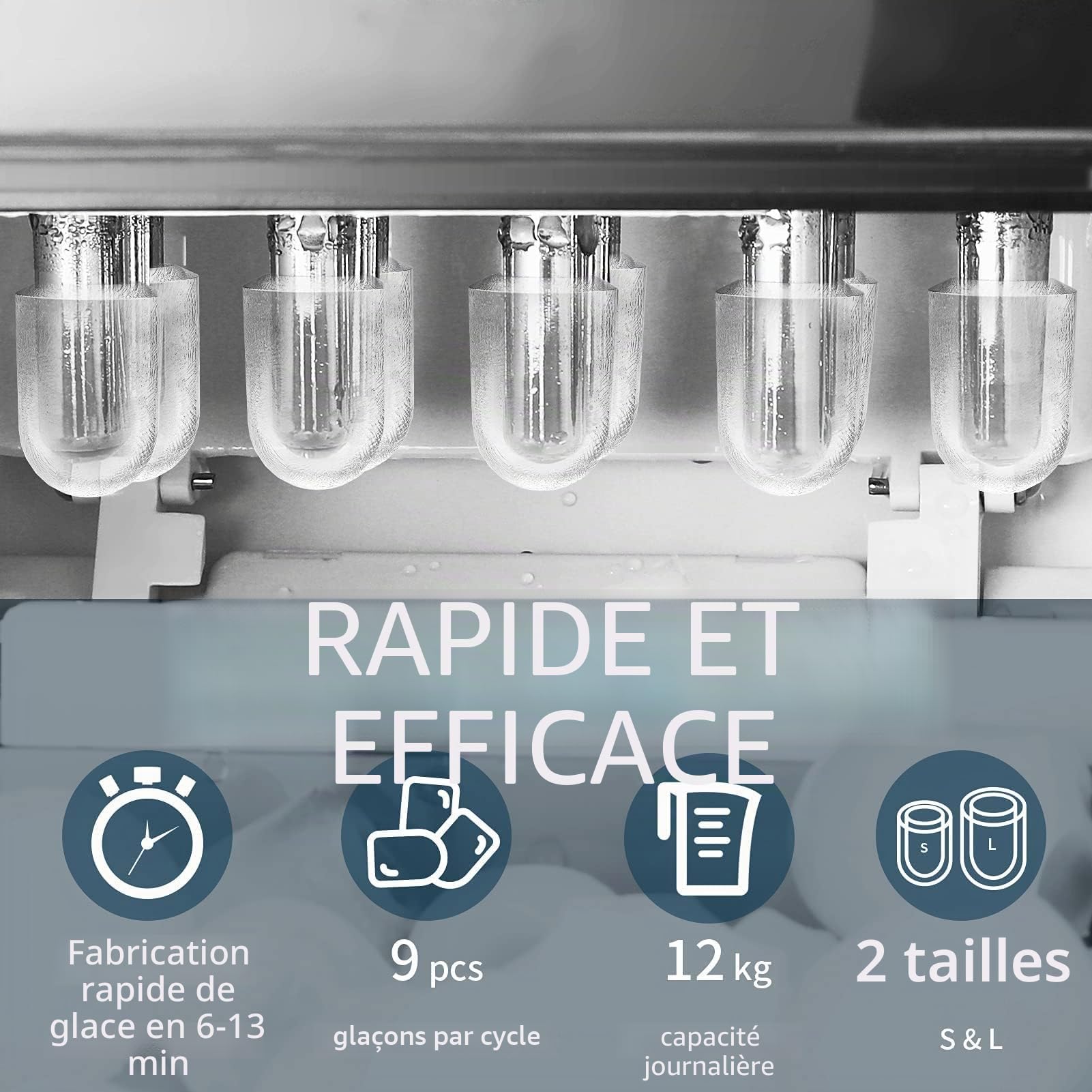 Machine à Glaçons, Machine a Glaçons 12kg en 24h, 9 Glaçons par 6 Min, Fenêtre Panoramique Visible, Machine à Glace avec Pelle à Glace et Panie, Silencieuse avec Fonction Autonettoyante