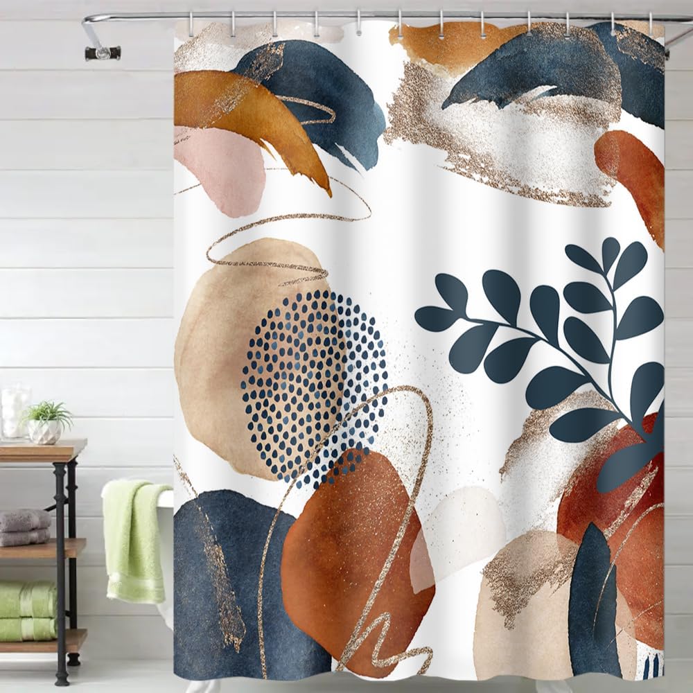 Abstract Boho Style Shower Curtains Navy Blue Gold Modern Bath Curtain Geometric Leaves Plant Mid Century Minimalist Bathroom Curtain Decor Set with Hooks, 72x96 Inch