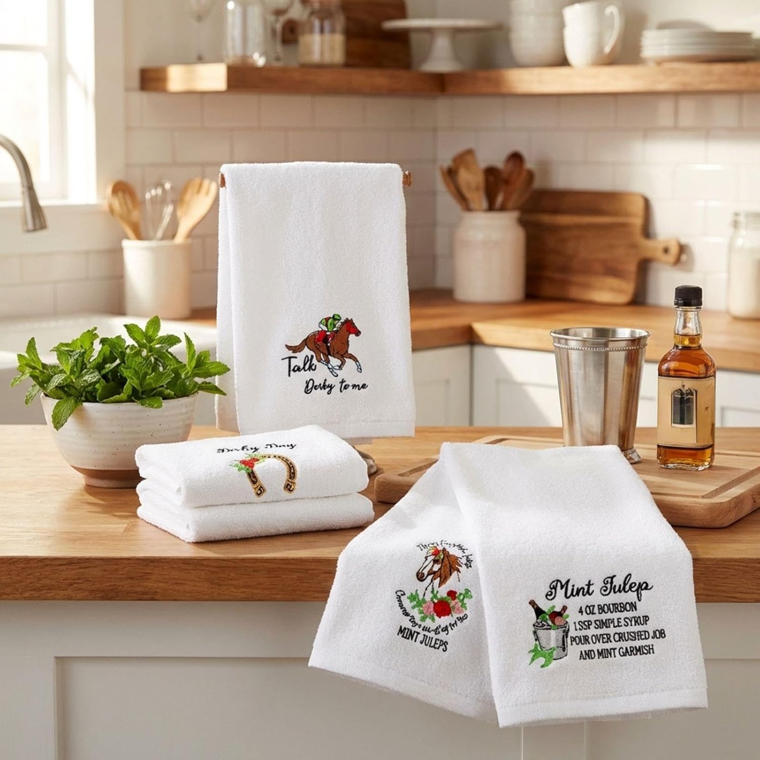 Peryiter 4 Pcs Derby Horse Racing Kitchen Towels Cotton Embroidered with Derby Day & Mint Juleps, Horseshoe and Roses Design, Soft Absorbent Tea Towels for Horse Racing Party Decor, 13 x 28 Inch