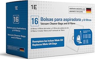 16 sacos para aspirador [Substitui Miele GN] – Compatível com [Complete C3, C2, Classic C1] – Inclui 4 filtros de motor e 4 de saída – Para [S8340, S8000, S5000, S2000, S600] – Substitui 9917730
