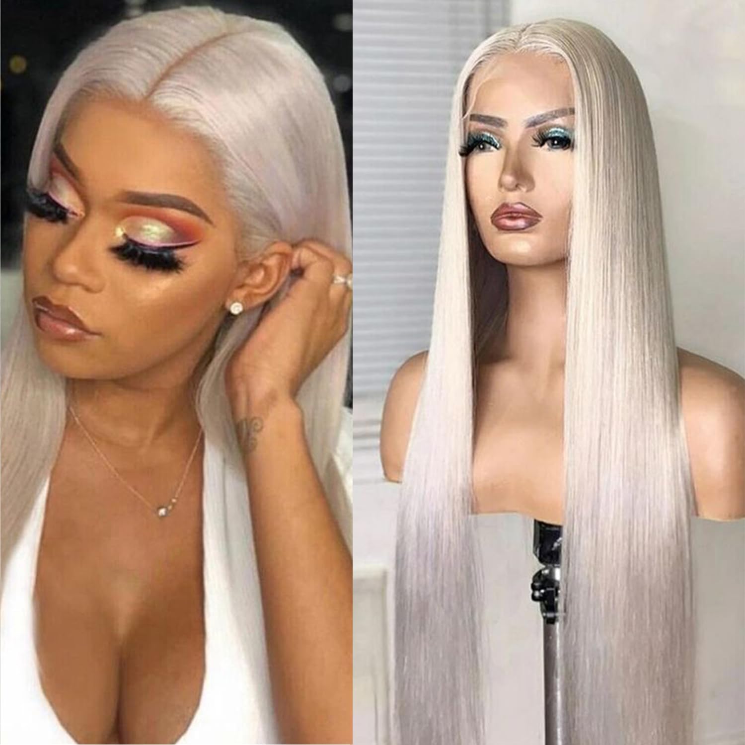 Streaks Heat Resistant Fiber Hair Synthetic Lace Front Wigs - #White White Highlight Black Synthetic Lace Front Wig Long Straight  main image 2