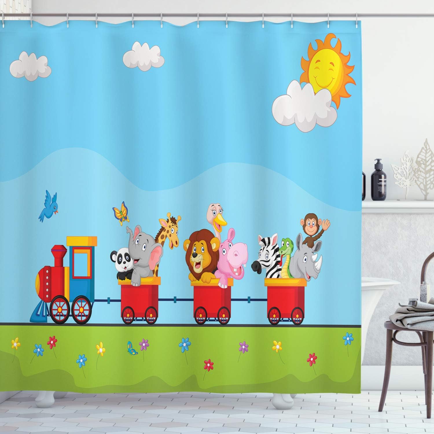 Ambesonne Cartoon Shower Curtain, Cartoon Animal on Train