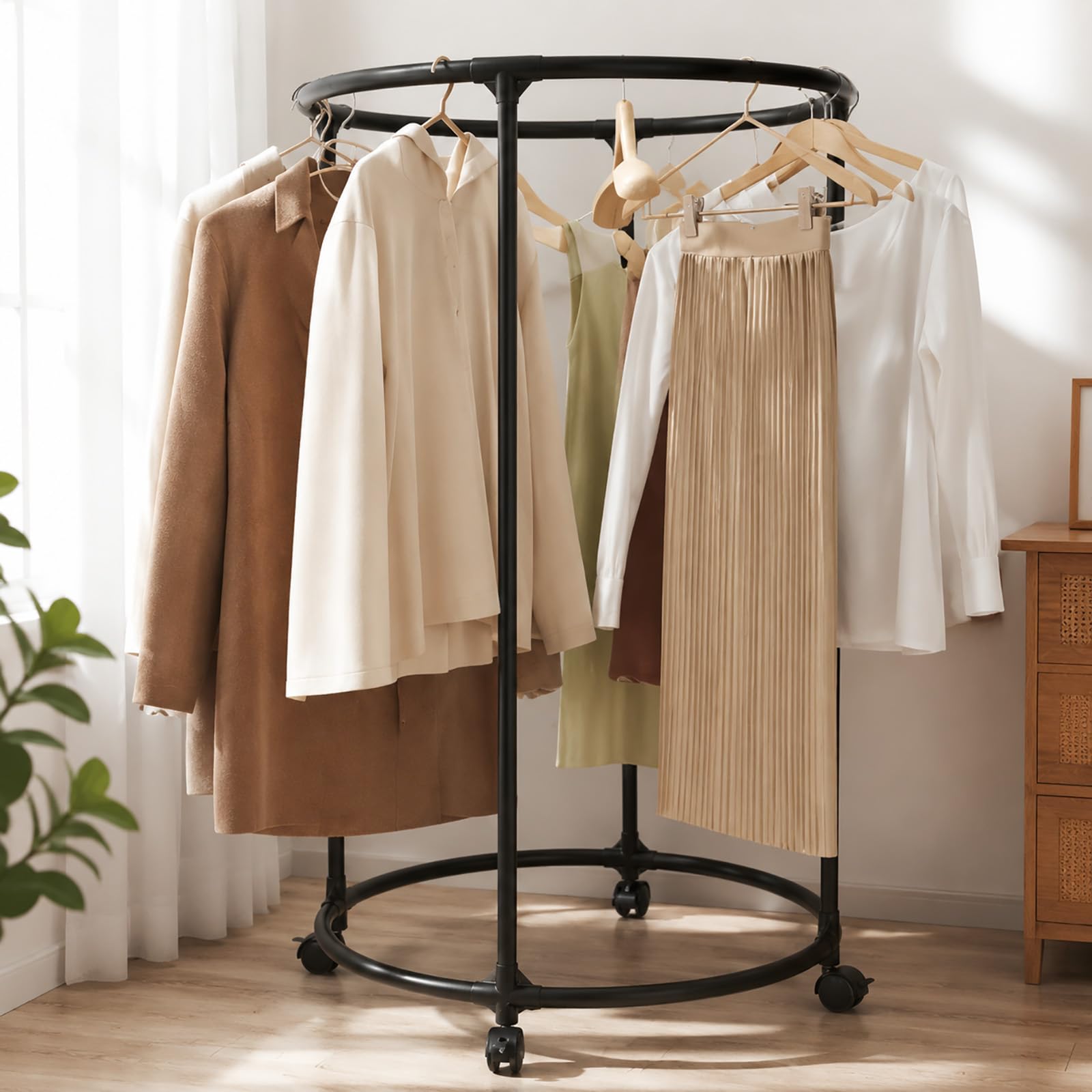 Perchero Redondo Giratorio 360° con Ruedas, Burro para Ropa Metálico de Gran Capacidad, para Dormitorio, Vestidor, Lavandería y Tienda de Ropa black