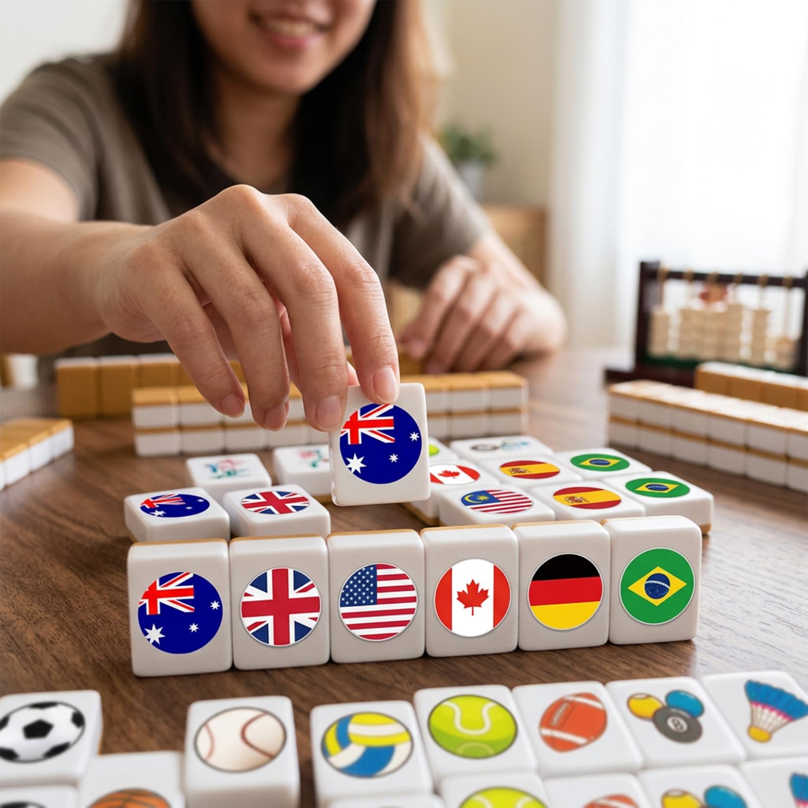 Set Mahjong per Bambini 48 Pezzi Blocchi Gioco con Bandiera Palla Piastrelle Giochi da Tavolo Spiaggia