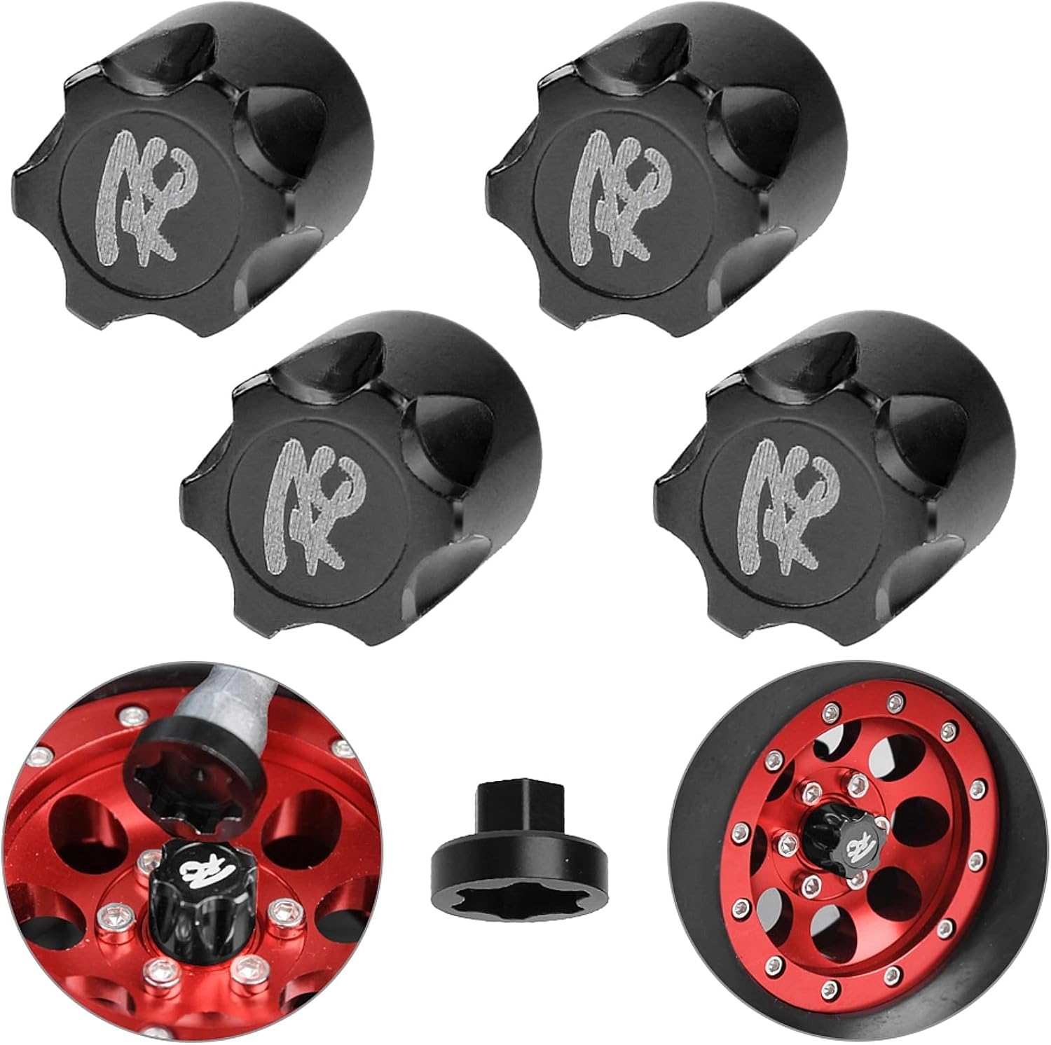 Hobbypark 4PCS Aluminum RC Car Wheel Rim Center Cap Adapter M4 Nut for 1/10 RC Crawler Traxxas TRX4 Axial SCX10 90046 D90 Redcat Gen7 (Black)