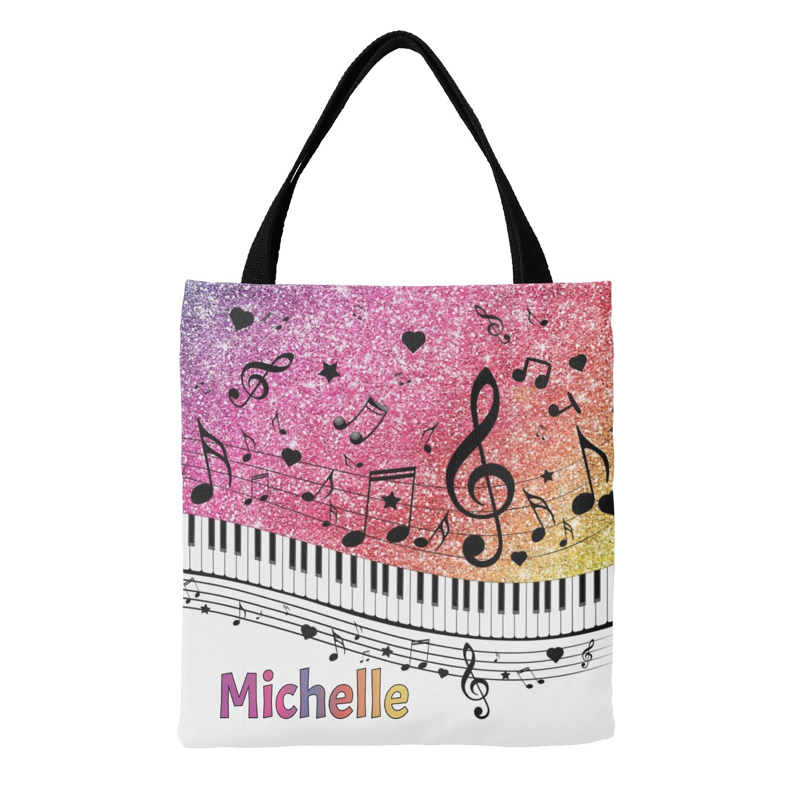 CUXWEOT Personalized Canvas Tote Bags Piano Key Music Notes Black Shopping Reusable Grocery Bag for Women