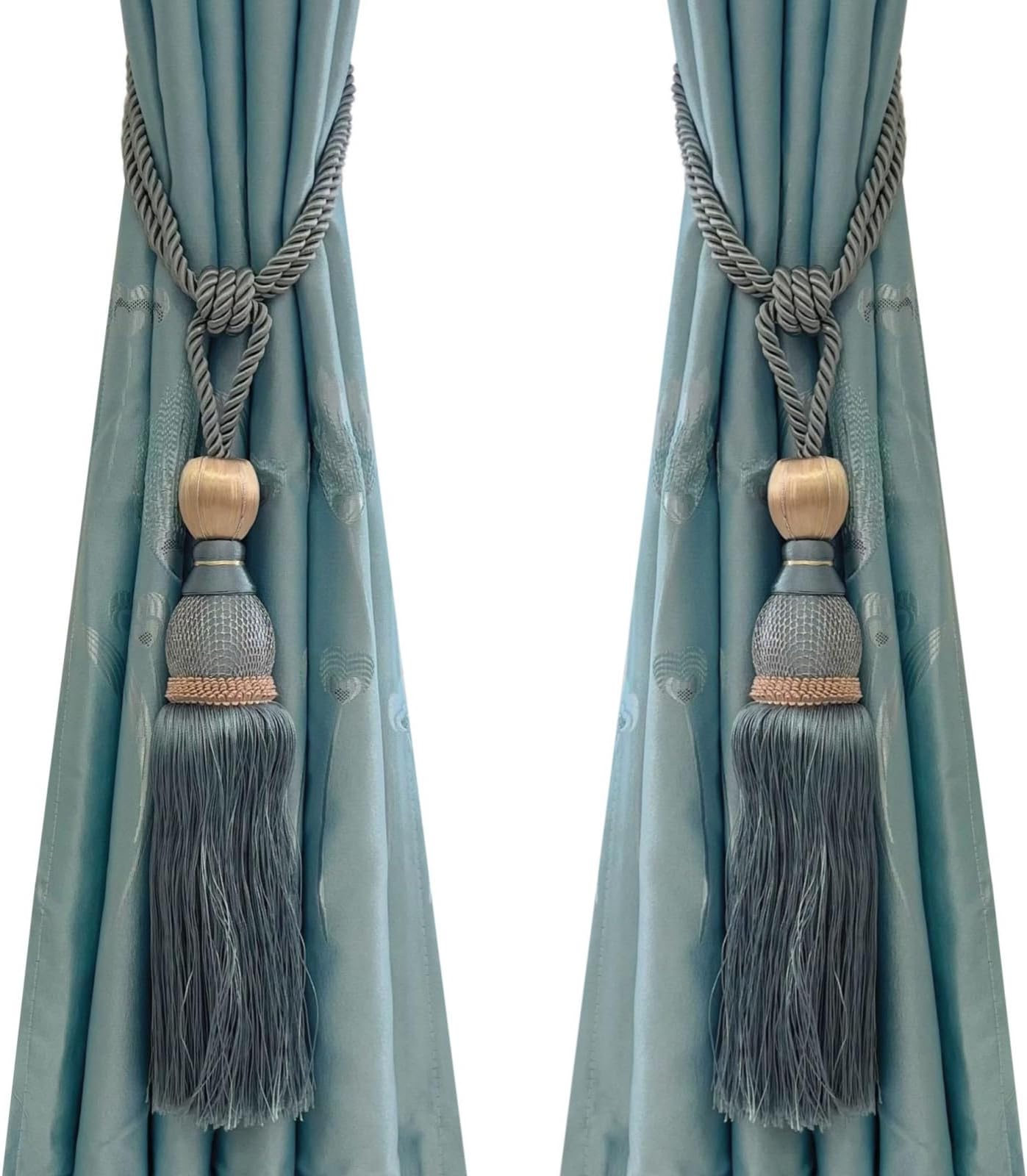Selling Wonderful Curtain Holdbacks Curtains Tiebacks Home Decorative Braided Buckle Fastener Accessories Window Drapery Ball Tassels Tiebacks, Set of 2(Gray Blue)
