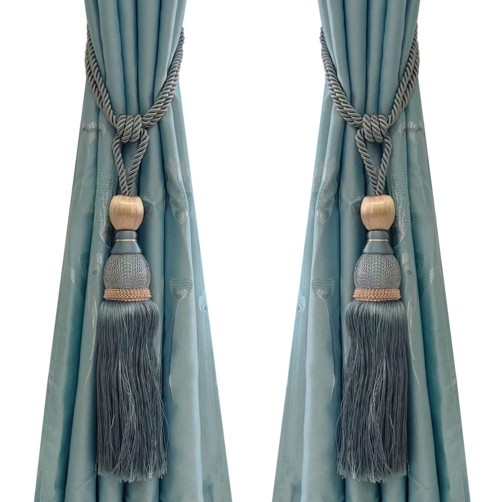 Selling Wonderful Curtain Holdbacks Curtains Tiebacks Home Decorative Braided Buckle Fastener Accessories Window Drapery Ball Tassels Tiebacks, Set of 2(Gray Blue)