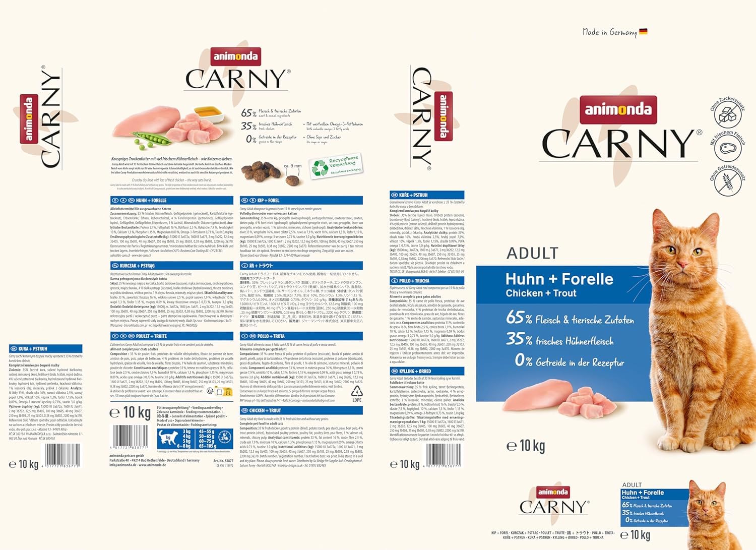 animonda Carny Adult, Croccantini Gatto, senza zucchero e senza cereali, Pollo + Trota 10 kg