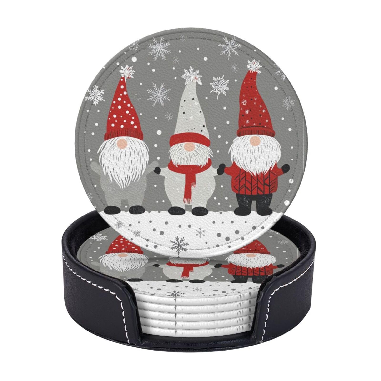 6 Pack Gray Red Gnome Leather Coasters for Drinks with Holder Sets Winter Xmas Heat Resistant Drink Table Cup Coasters for Kitchen Dining Cafe Holiday Decor Round