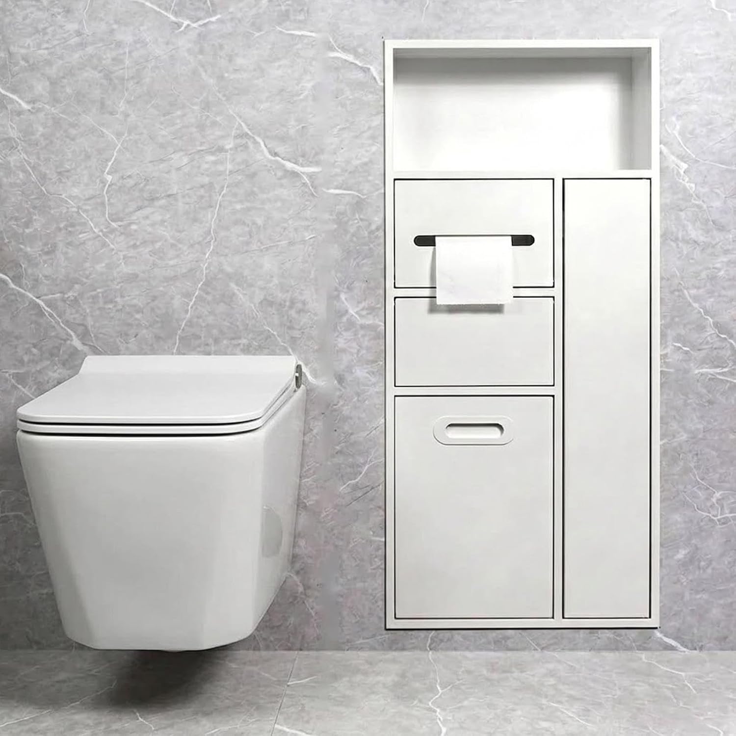 Recessed Stainless Steel Bathroom Niche with Built-in Trash Can & Holder