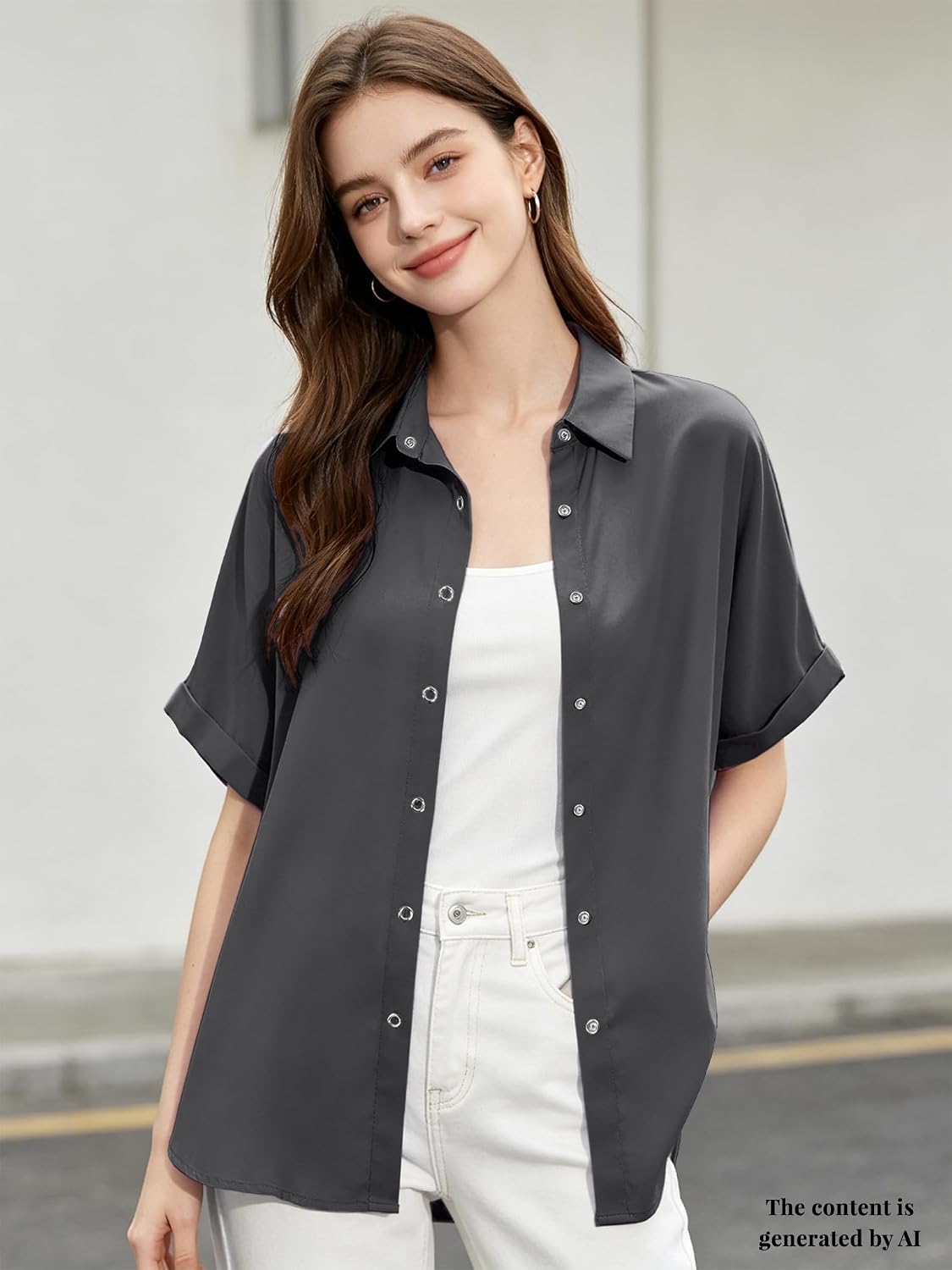 Cromoncent Womens Snap Button Blouses Denim Lyocell Tops Casual Short Sleeve Shirts