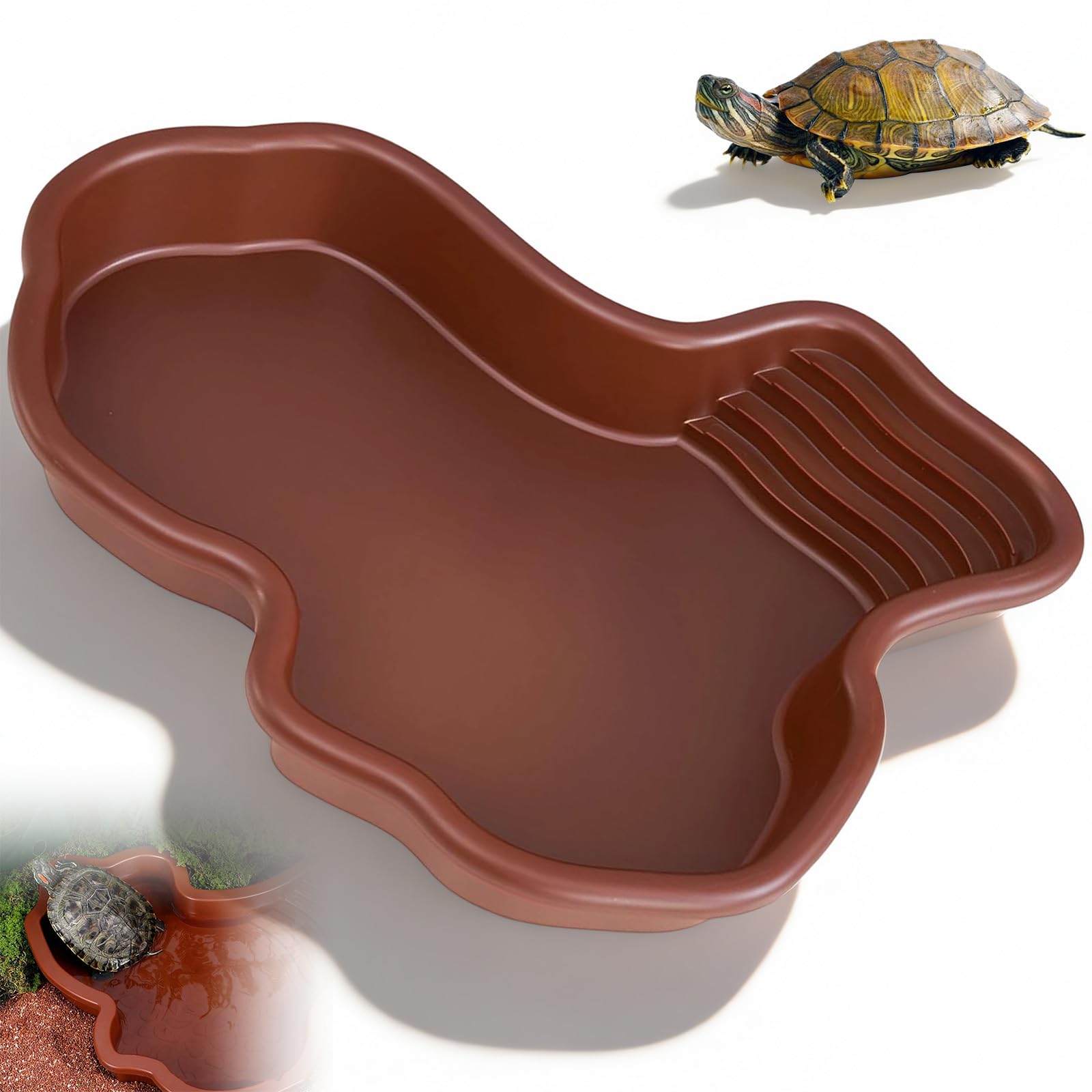YIYAXIN Tortoise Water Dish With Ramp, Tortoise Feeding Bowl Reptile Bathing Pool, Lizards Habitat Water Tub Feeding Plate Swimming Pool for Gecko, Snake, Turtle, Bearded Dragon, Lizard Bath (Brown)