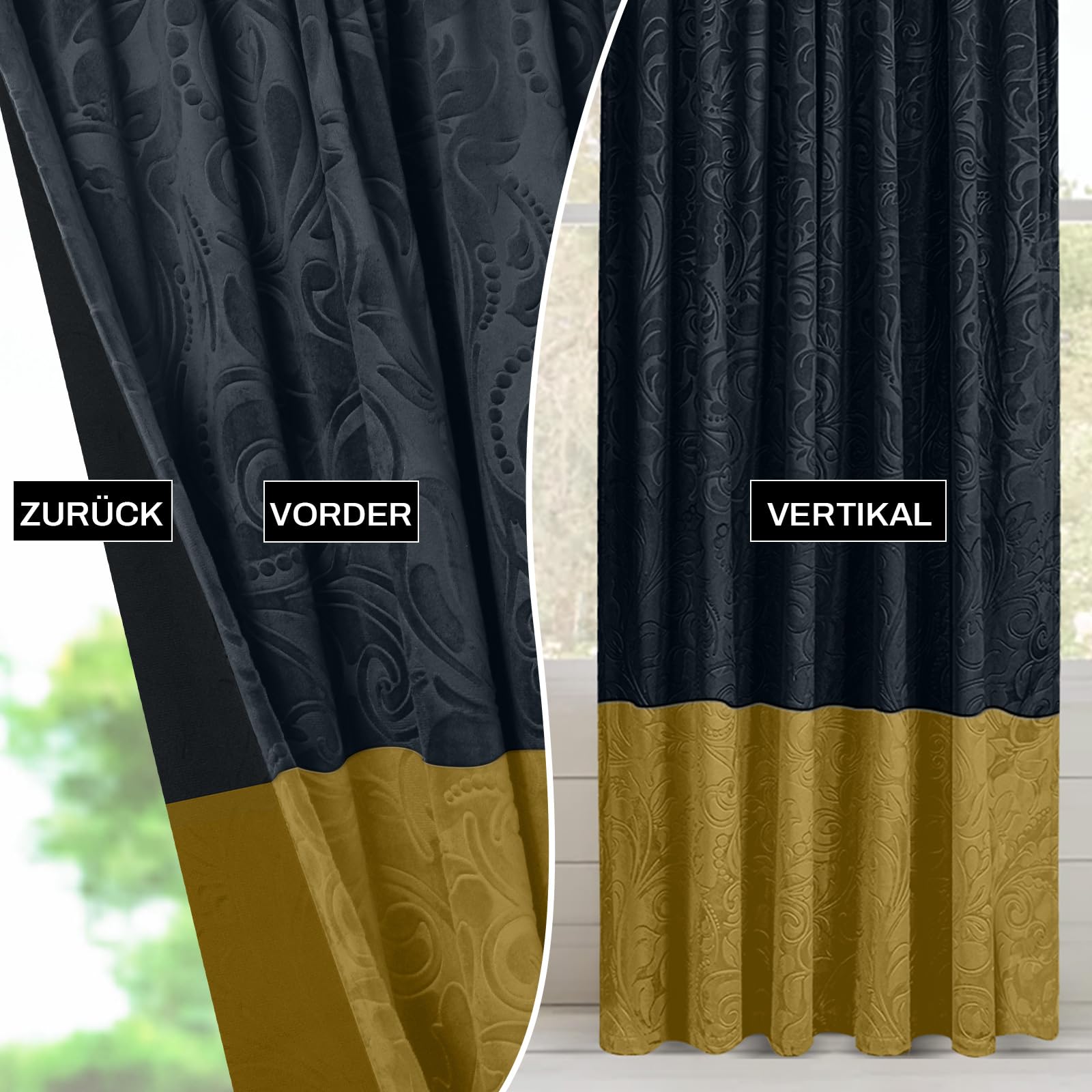 Samtvorhang Kräuselband 2er Set, H274xB132CM 260gsm Samt Verdunklungsvorhänge mit Blumenprägung, Multifunktionsband Blickdicht Gardinen Velvet für Wohnzimmer, Schlafzimmer(Schwarz und Gold)