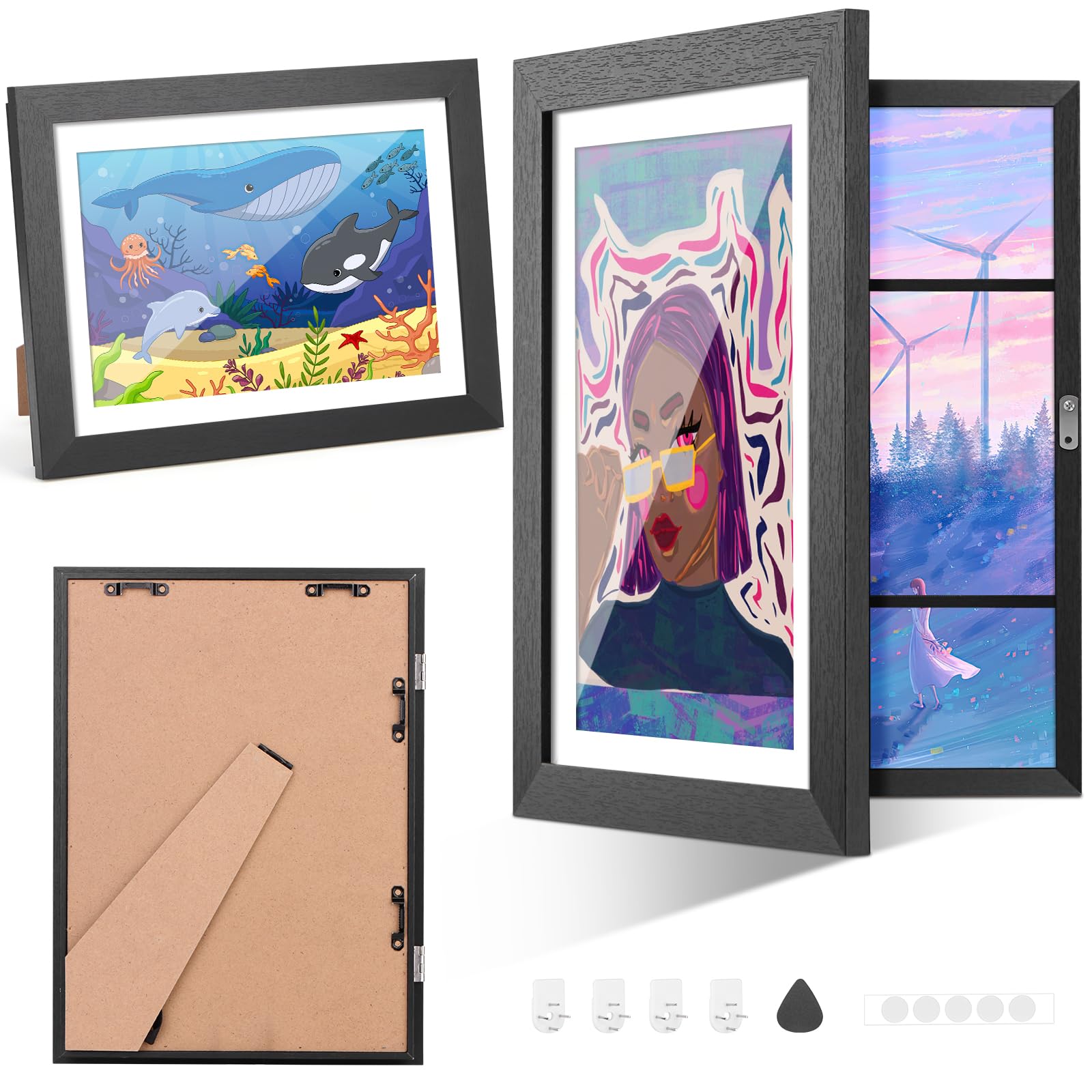 A4 Kids Artwork Display Frames - 2 Pcs Picture Frames for Childrens, Art Photo Frames Front Opening, 25X34cm Black A4 Frame with Holder, for Wall Art Display, A4 Box Frame, Living Room, Bedroom