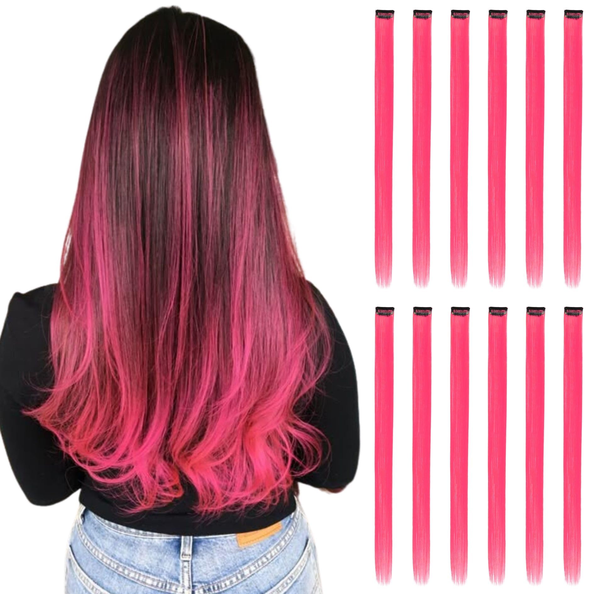 Colored Hair Extensions Clip In, 12 Pieces, Hot Pink, 12 Pcs Hot Pink, 22 Inch (Pack of 1)