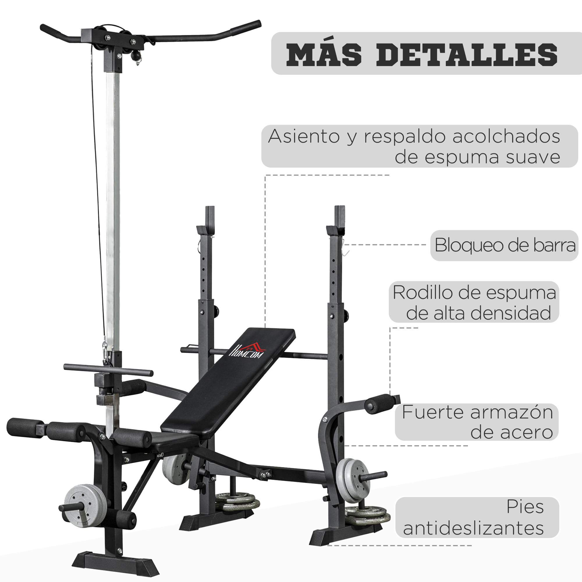 HOMCOM Banco de Musculación Banco de Pesas Multifuncional Ajustable en 6 Niveles para Entrenamiento de Cuerpo Completo en Gimnasio Hogar Carga 150 kg 180x134x200 cm Plata y Negro