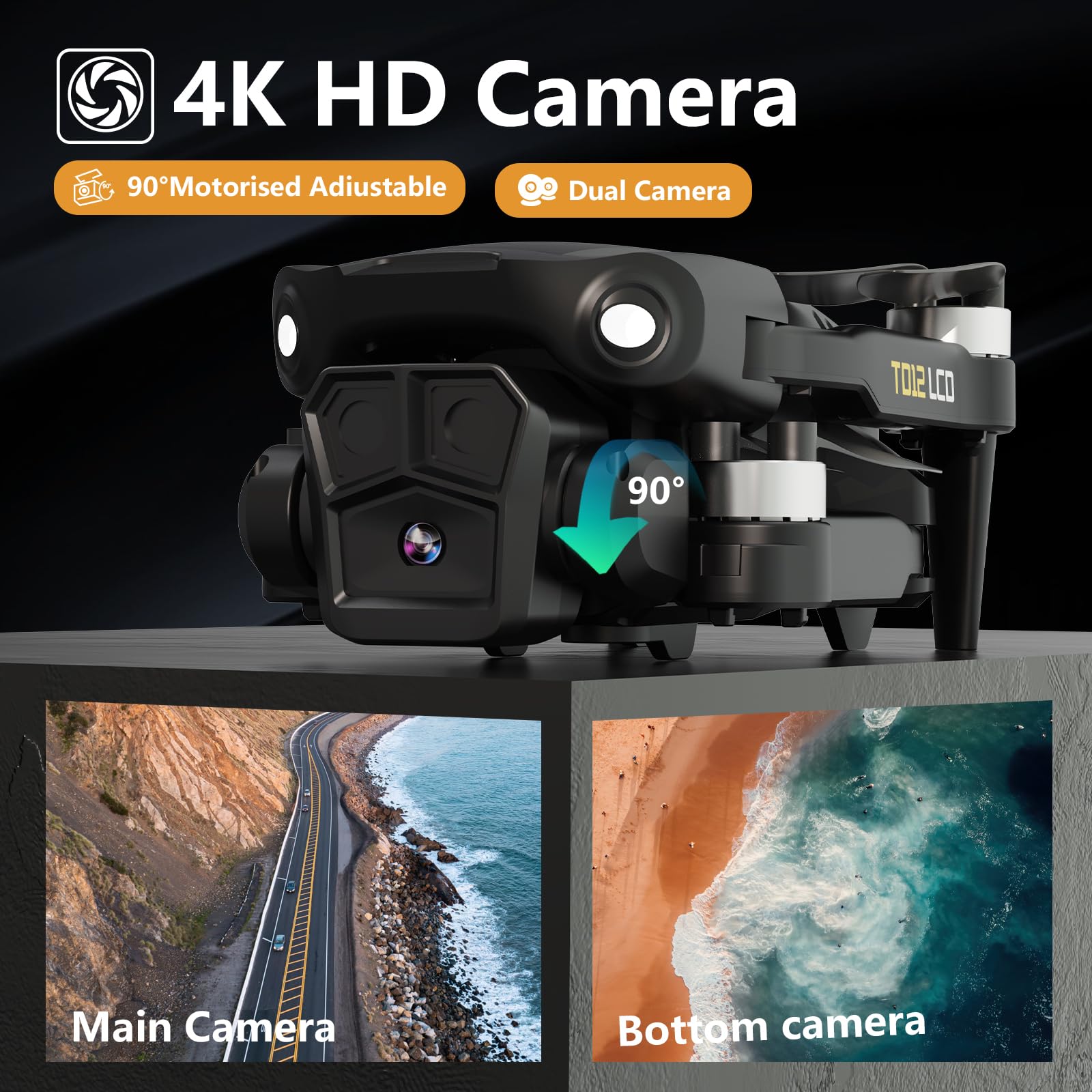 Toladrone Pieghevole Drone con Telecamera 4K, Droni con Trasmissione su Schermo LCD, modalità Headless, Regolazione Elettrica a 90°, Quadricottero RC per Adulti, TD12LCD Drone per Principianti