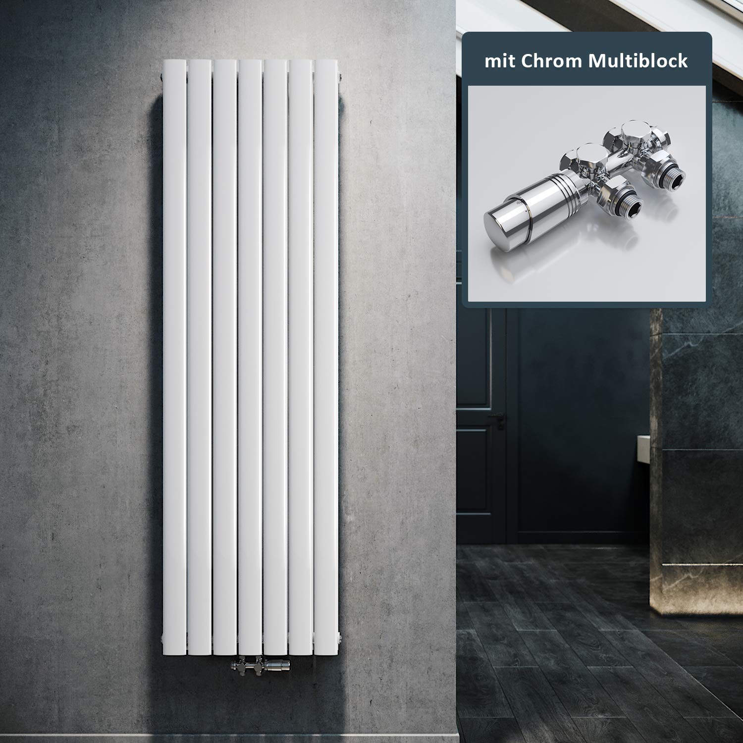 ELEGANT Radiatore di design, piatto, 1800 x 539 mm, con termostato multiblocco, bianco, doppio strato, verticale, collegamento centrale