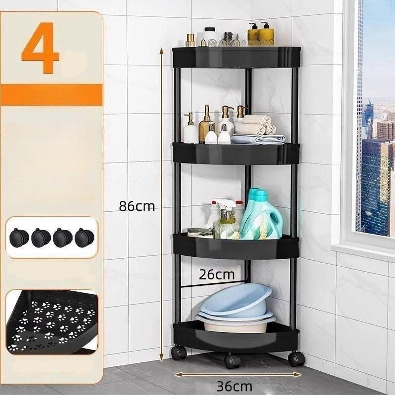 Mensola Angolare Su Piedini con Ruote, Antiruggine, per Bagno, Cucina, Esposizione, Scaffale Portaoggetti, Nero a 4 Livelli