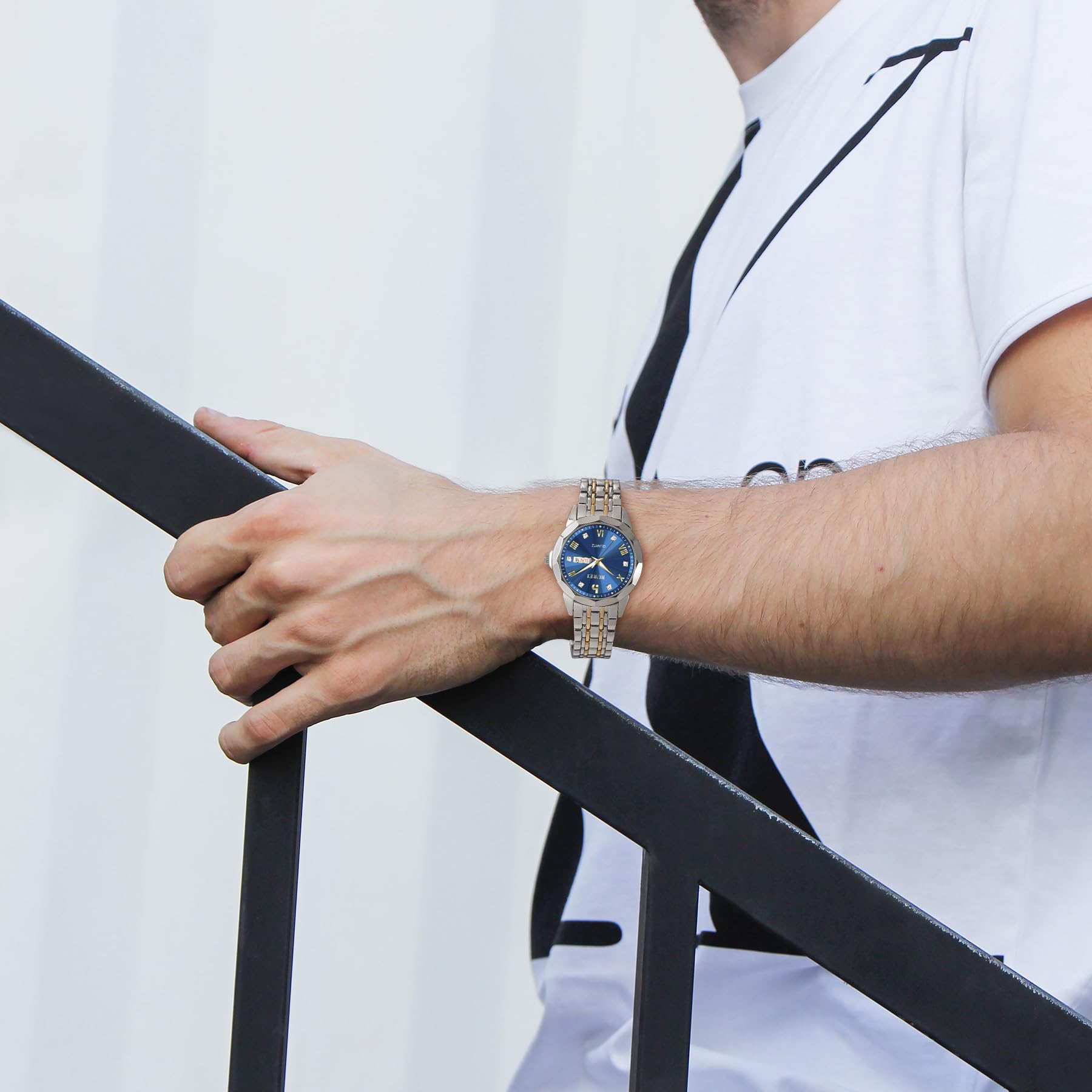 BUREI Herrenuhr Simulation Quarz Band Diamant Edelstahl Uhr Kalender Datum wasserdichte Luxus Business Freizeit Mode Uhr