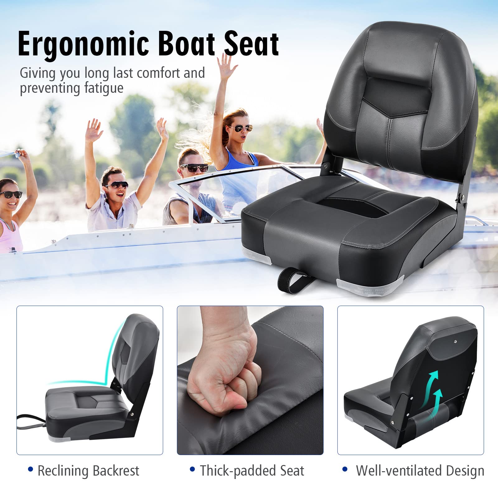 GYMAX Lot de 2 Sièges de Bateau Pliants, Chaises Confortables avec Dossier Ergonomique et Siège Rembourré, Fabrication Anti-Usure, Convient pour Yacht, Bateau de Pêche (Noir)