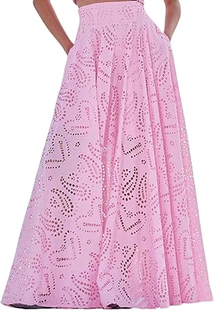 Women Fall Long Maxi Eyelet Embroidered Party Club Pleated Cute Ladies Skirt